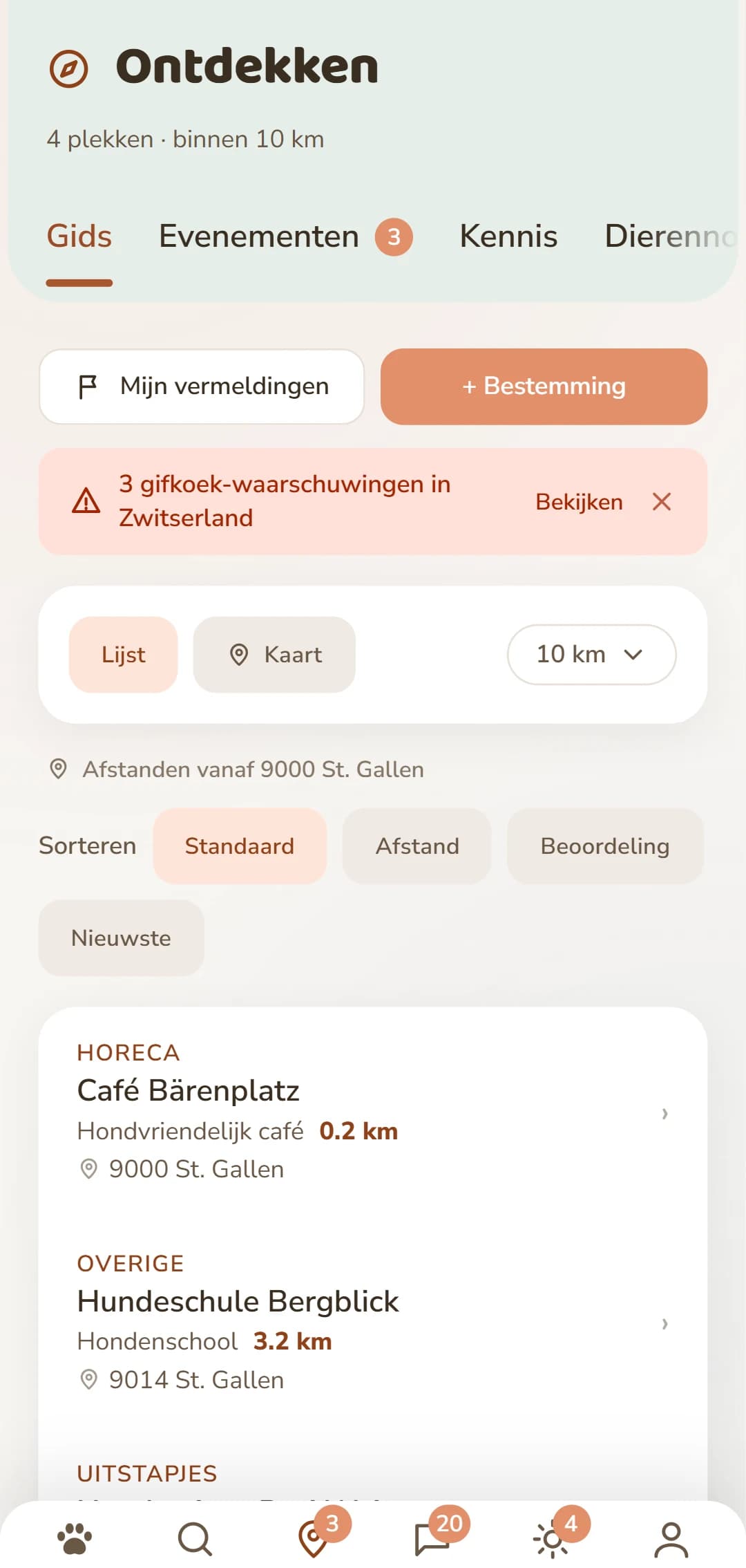De resultatenlijst in het tabblad Ontdekken, met categorie en afstand