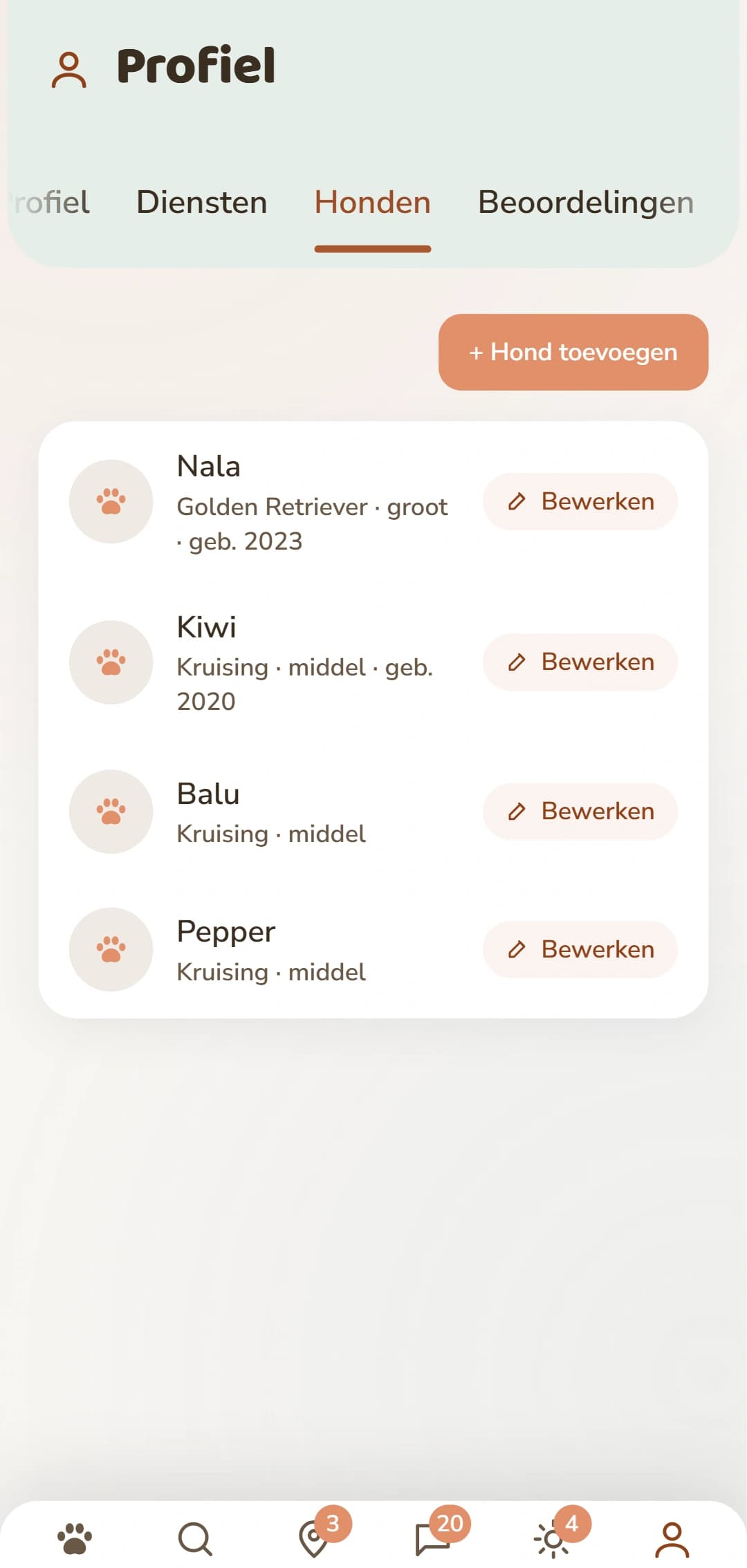 Het hondengedeelte, met een eigen profiel per hond