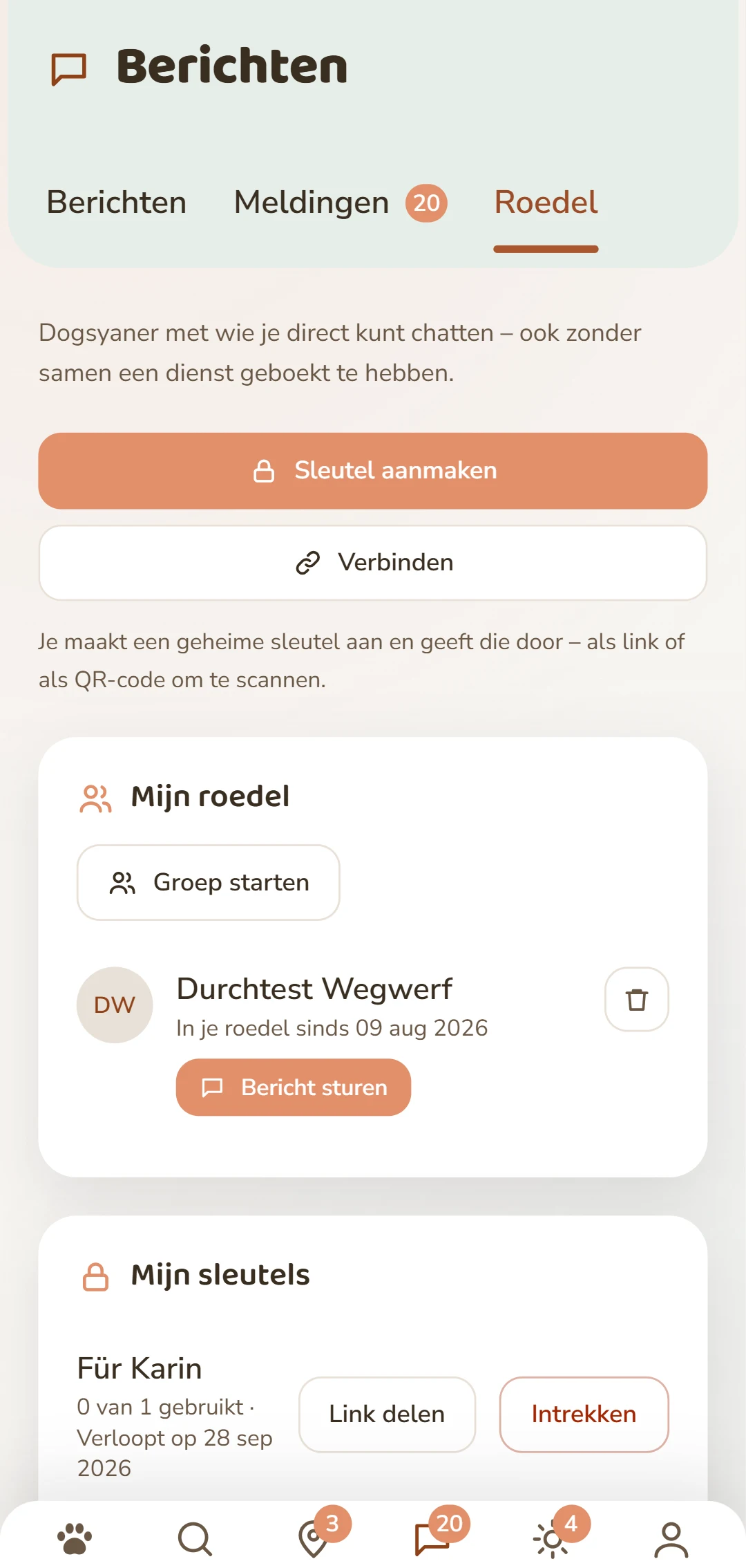 Het tabblad Rudel: maak een sleutel aan en beheer je verbindingen.