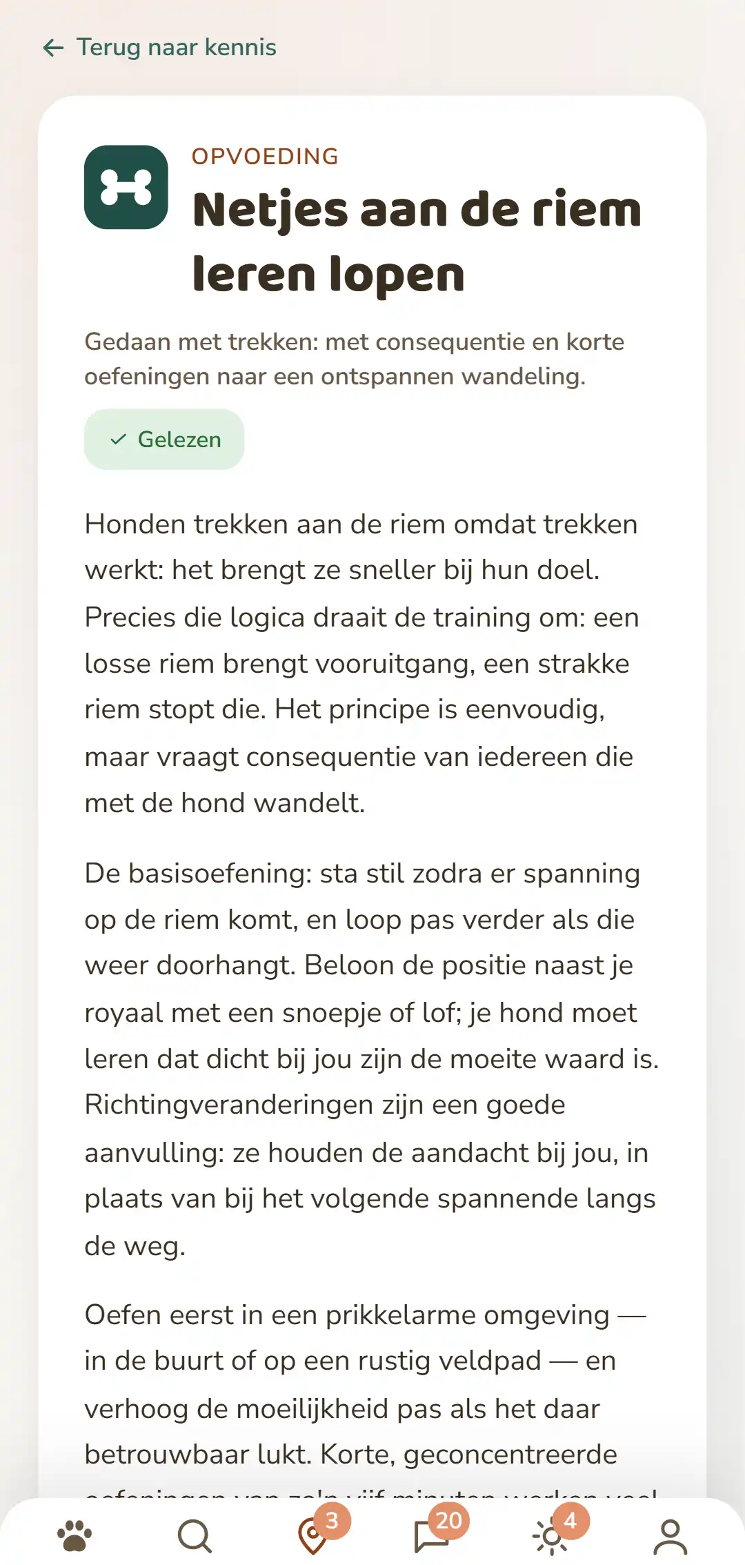 Schermafbeelding van de DOGSY-app: een geopende kennisbijdrage. Bovenaan de weg terug naar de lijst, daaronder de vier tabbladen Guide, Events, Kennis en Diernoodgeval. Daarna volgen het gekleurde rubrieksymbool, de rubriek in hoofdletters, de titel, een korte inleiding en meerdere alinea's lopende tekst. Helemaal onderaan de navigatiebalk van de app. De opname verschijnt in de taal van deze pagina.