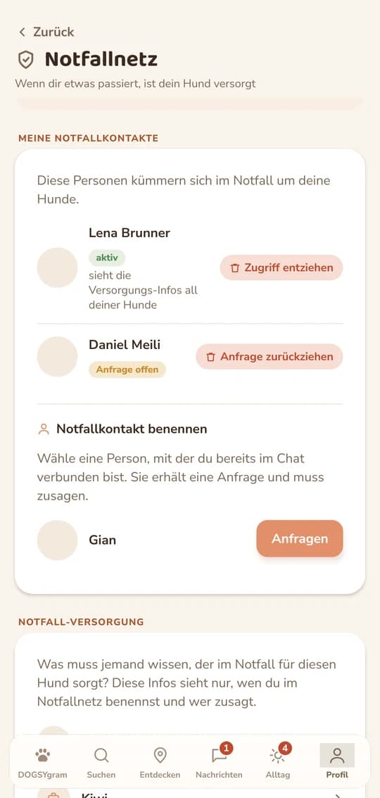 Deine Notfallkontakte und offene Anfragen im Überblick