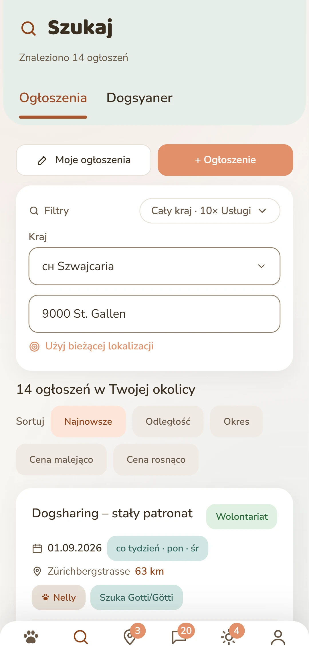 Ogłoszenia Dogsharing z kierunkiem, rytmem i dniami tygodnia