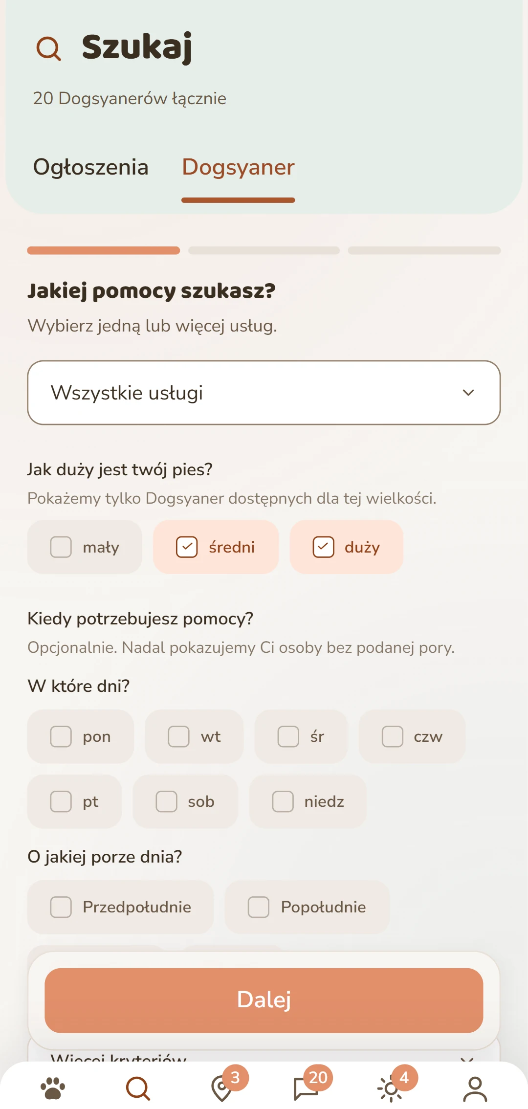 Dokładne filtry: usługa, wielkość psa i inne kryteria