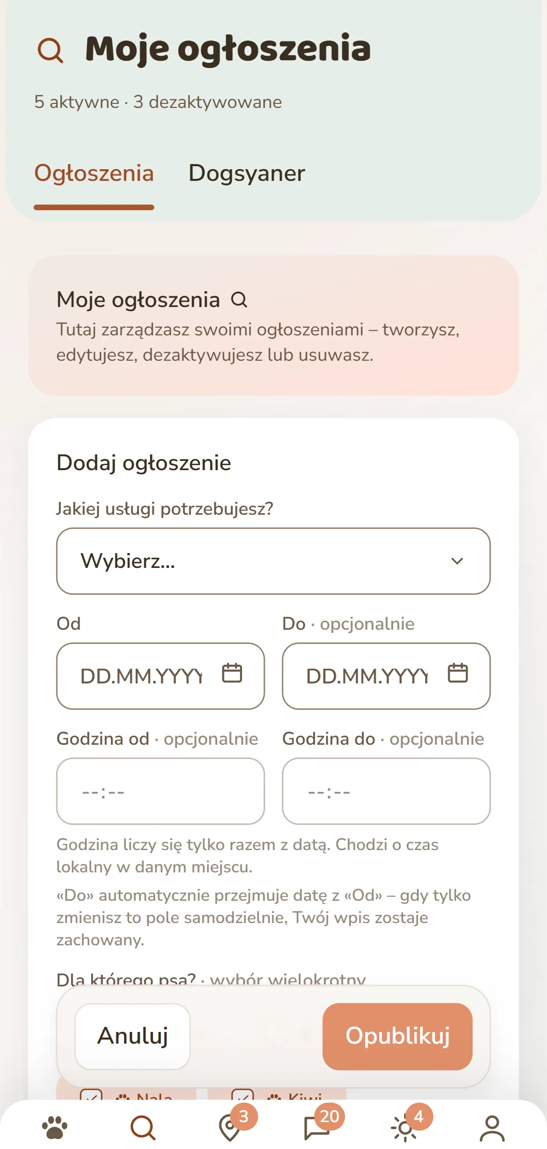 Formularz «Dodaj ogłoszenie»: usługa, okres, pies i wynagrodzenie