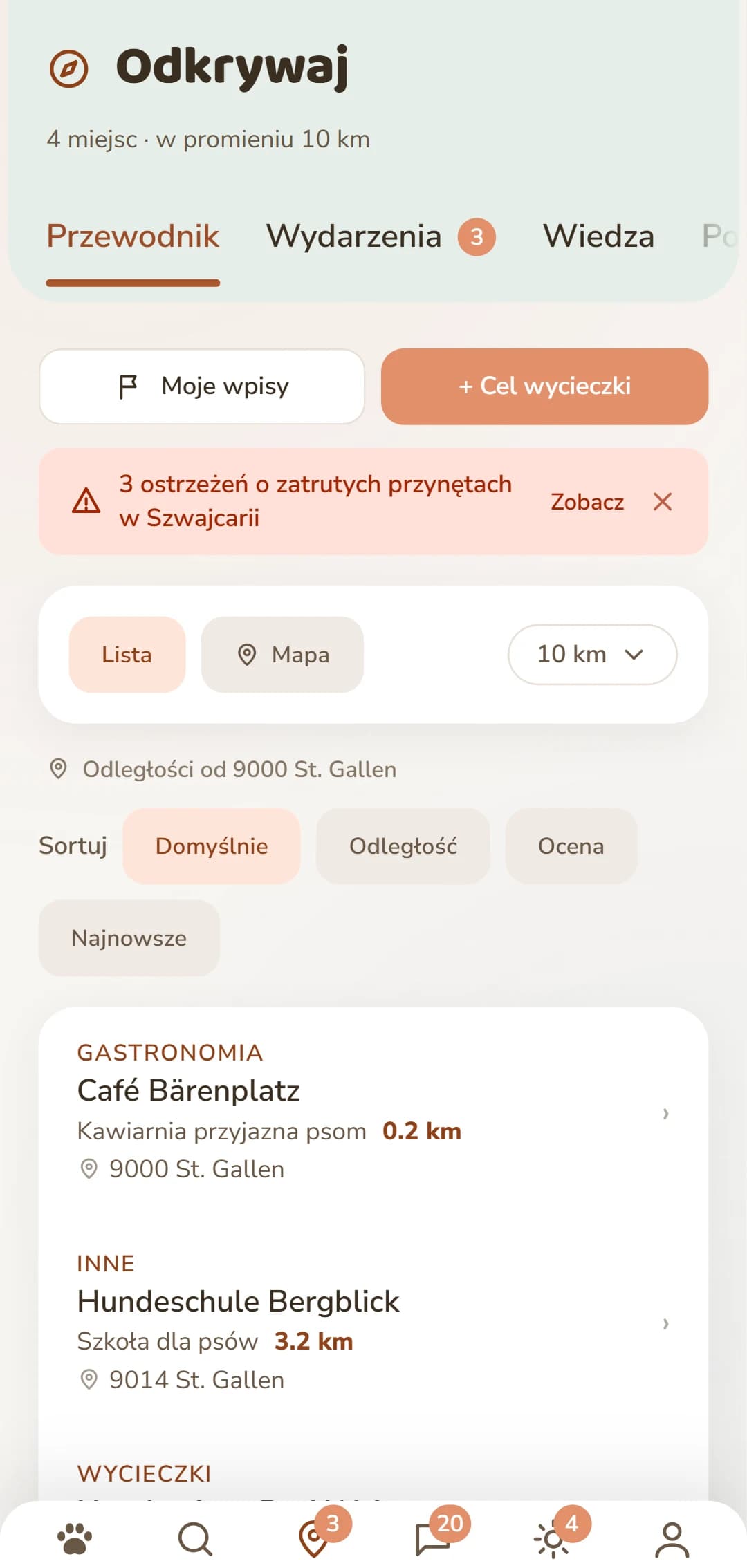 Lista wyników w zakładce Odkrywaj, z kategorią i odległością