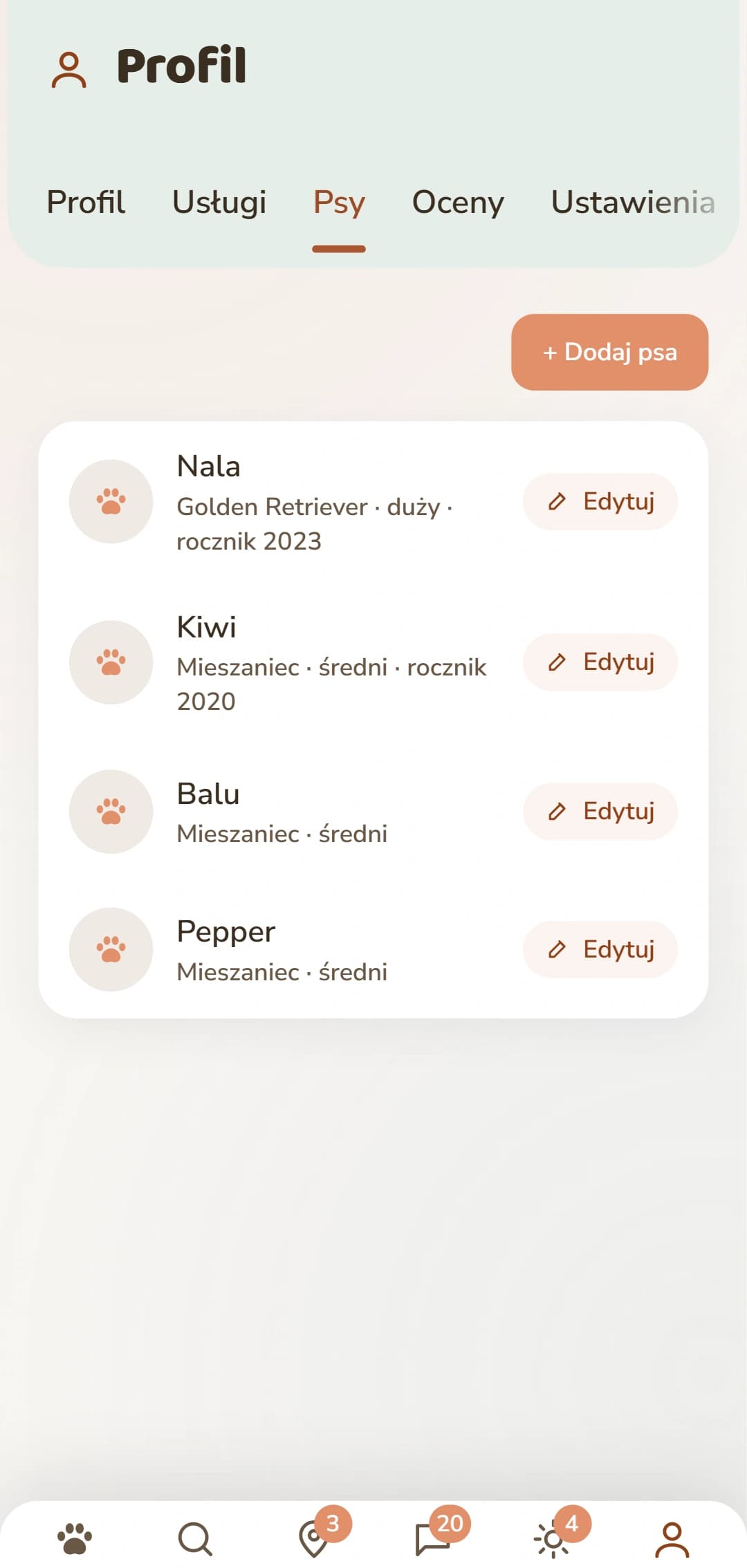 Sekcja psów z osobnym profilem dla każdego psa