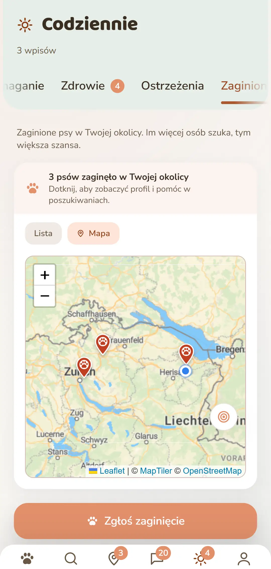 Otwarte przypadki w okolicy – jako mapa w aplikacji