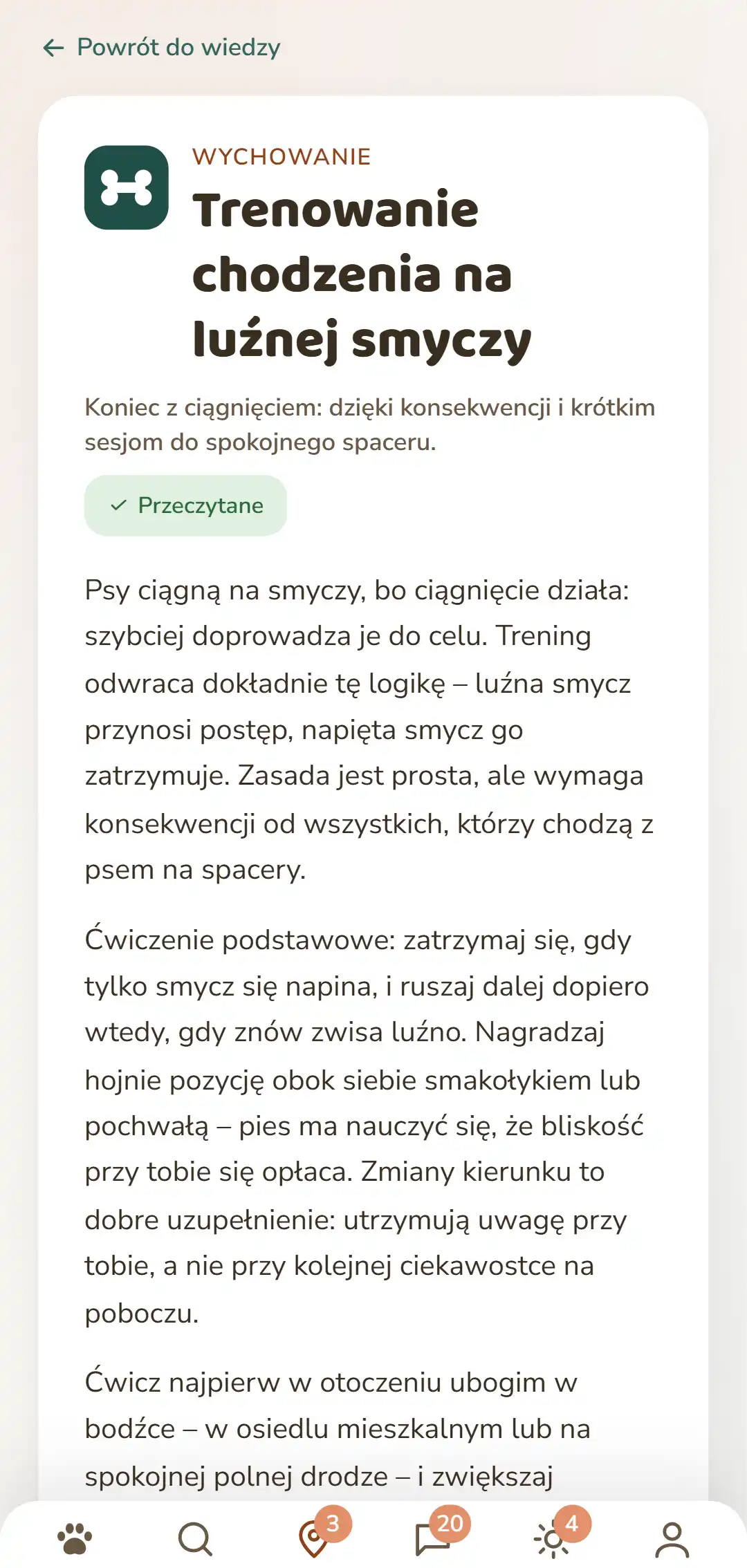 Zrzut ekranu z aplikacji DOGSY: otwarty artykuł z działu Wiedza. Na samej górze droga powrotna do listy, pod nią cztery zakładki Guide, Events, Wiedza i Nagły wypadek. Dalej kolorowy symbol rubryki, nazwa rubryki wielkimi literami, tytuł, krótka zapowiedź i kilka akapitów tekstu. Na samym dole pasek nawigacji aplikacji. Zrzut ekranu jest w języku tej strony.