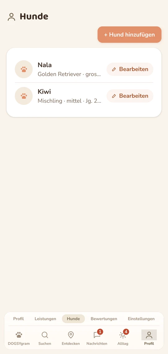 Der Hunde-Bereich mit einem eigenen Profil je Hund