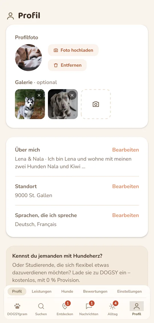 Das eigene Profil mit Foto, Beschreibung und den Reitern darunter
