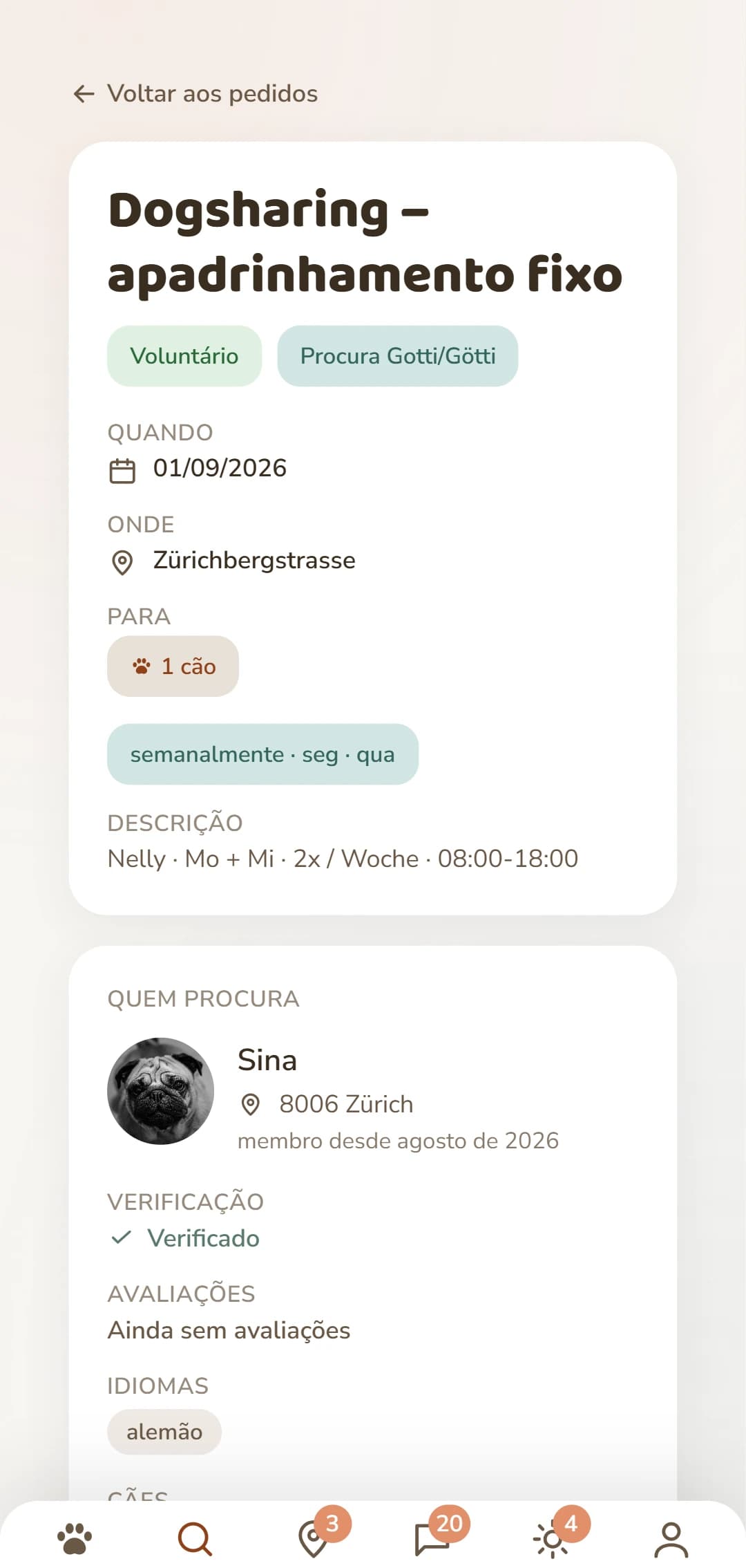 Um anúncio de Dogsharing em detalhe: período, local e quem está por trás
