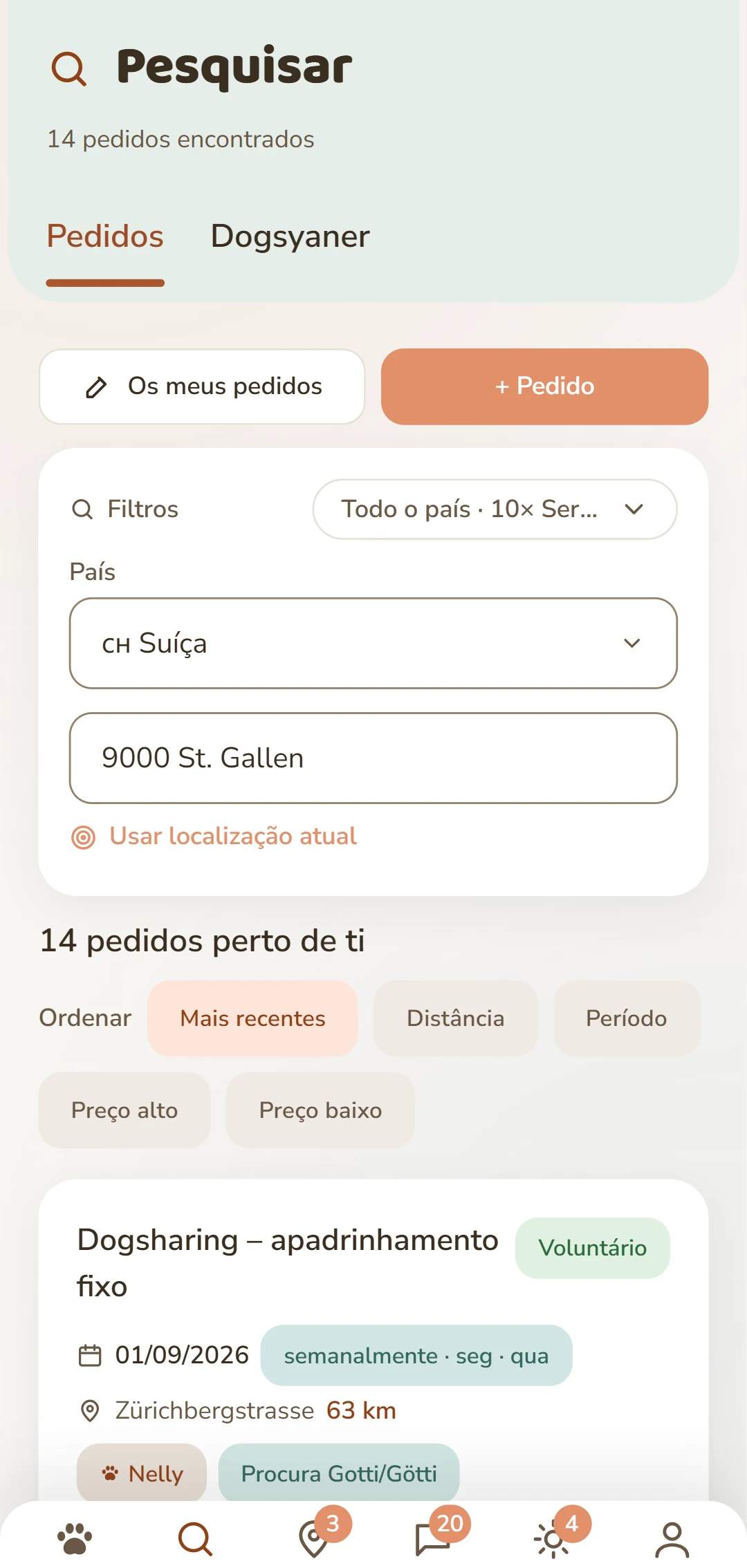 Anúncios de Dogsharing com direção, ritmo e dias da semana