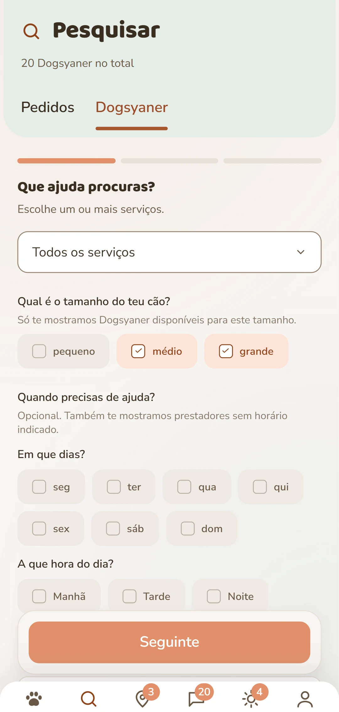 Filtros detalhados: serviço, tamanho do cão e outros critérios