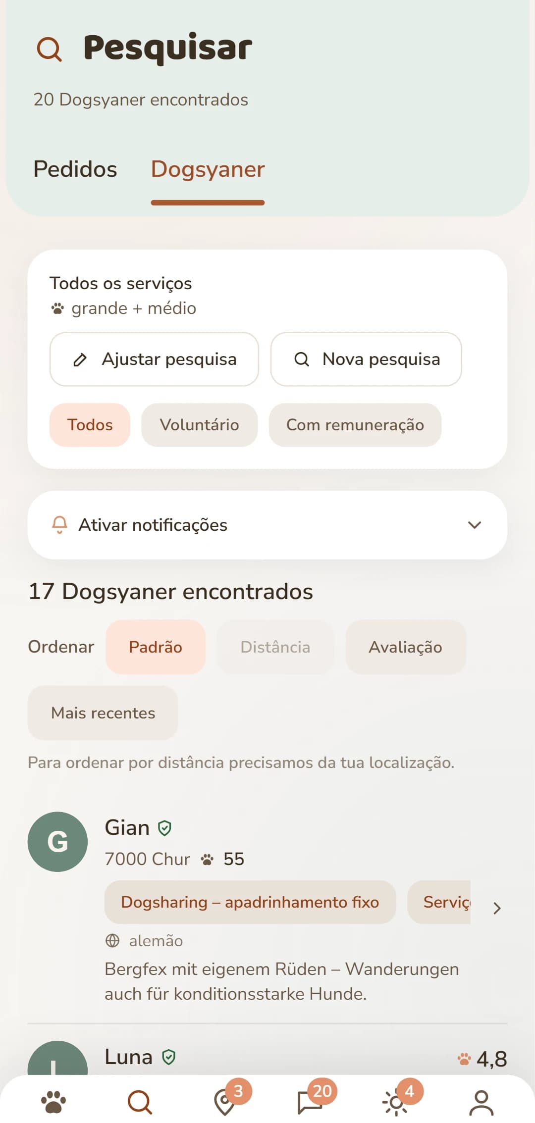 Lista de resultados da app: Dogsyaner por perto com foto, distância e avaliação