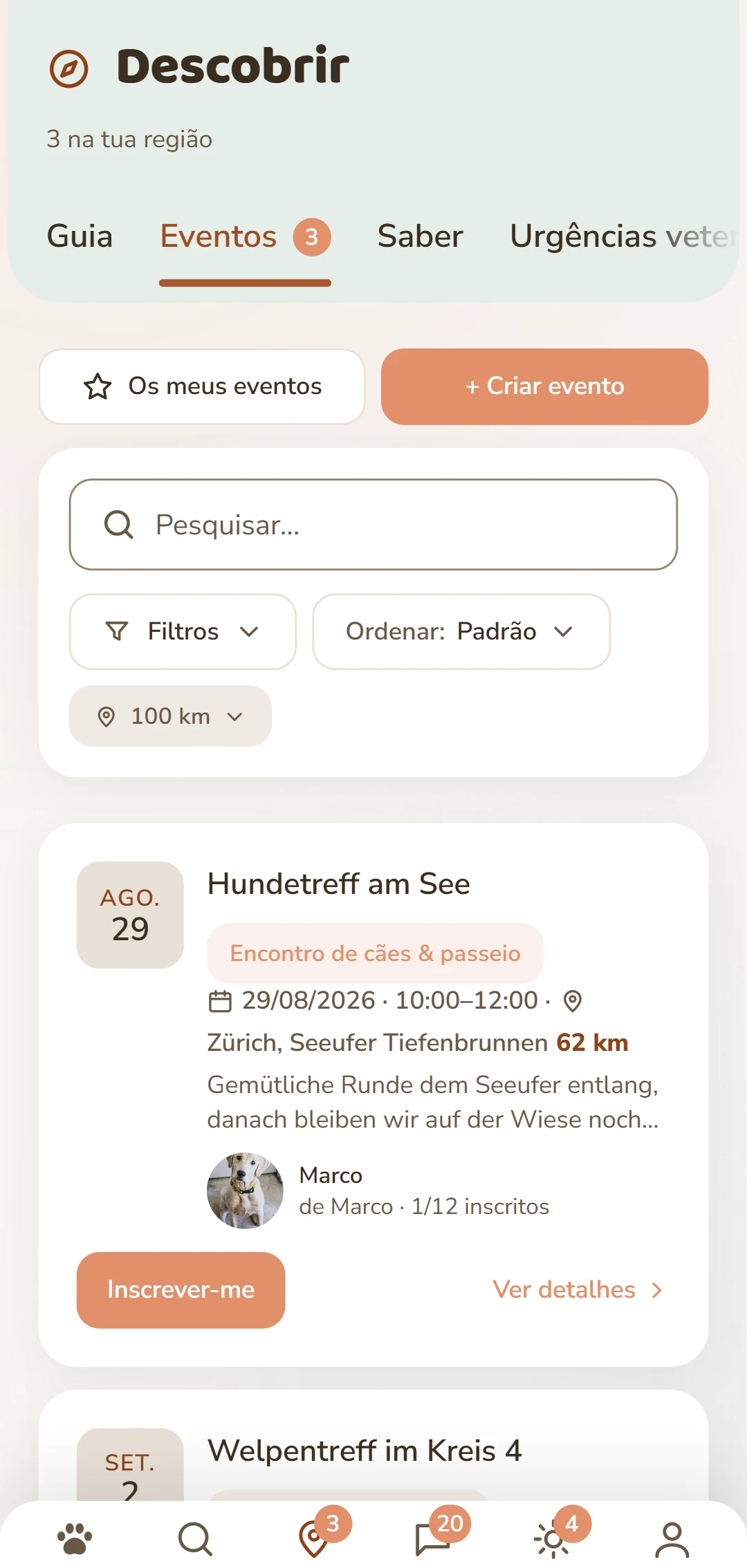 Próximos eventos caninos com data, local e distância