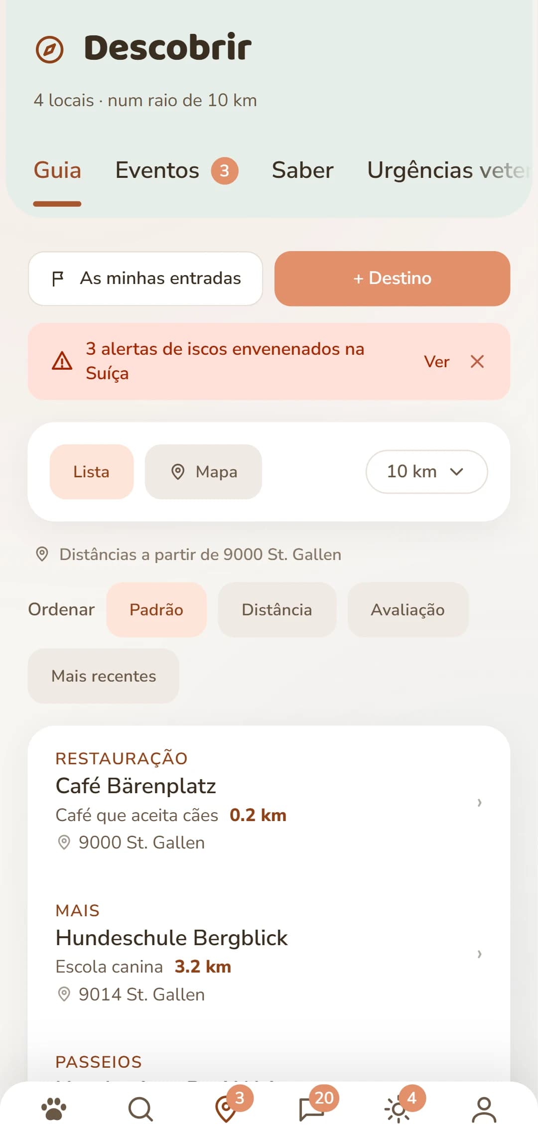 A lista de resultados no separador Descobrir, com categoria e distância