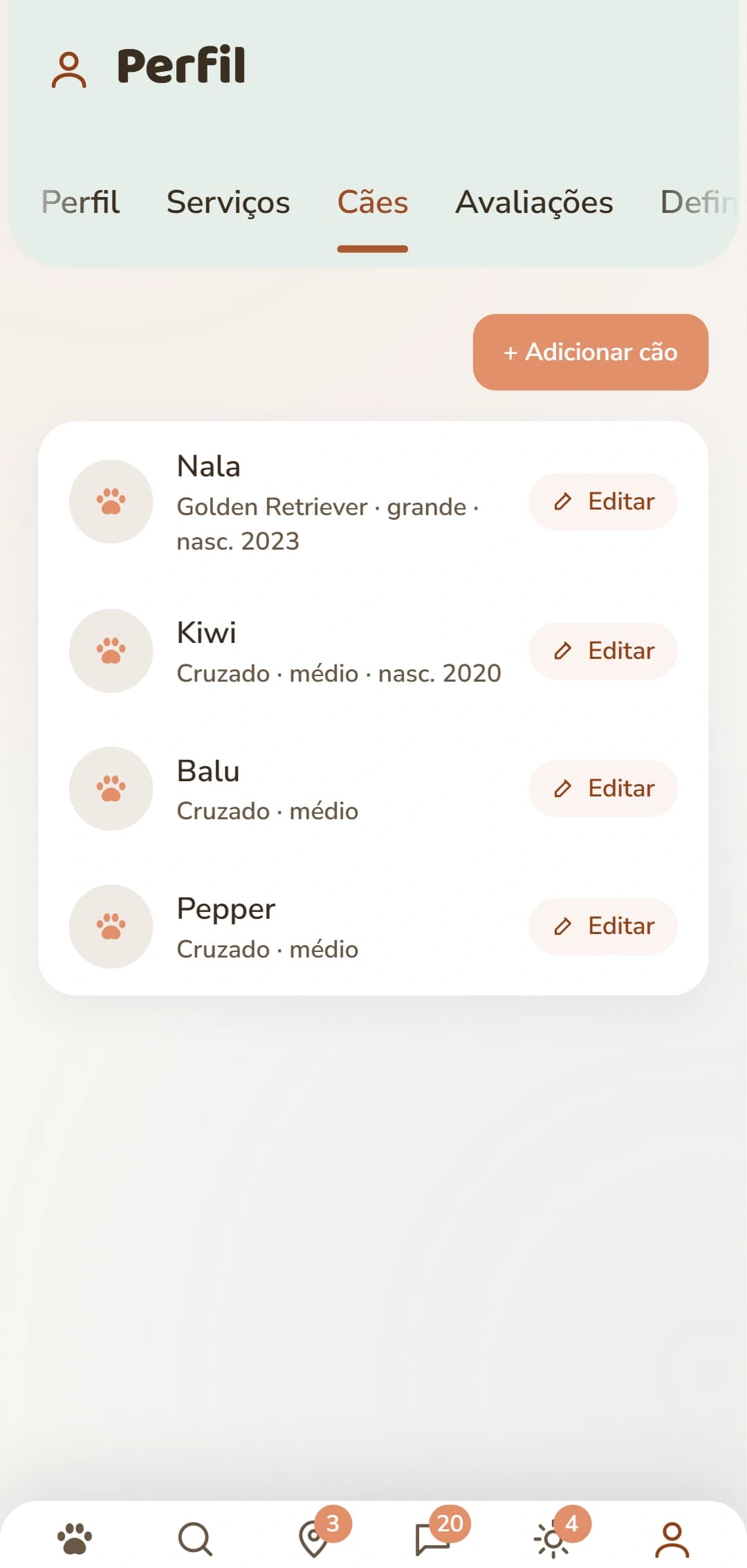 A área dos cães, com um perfil próprio para cada cão