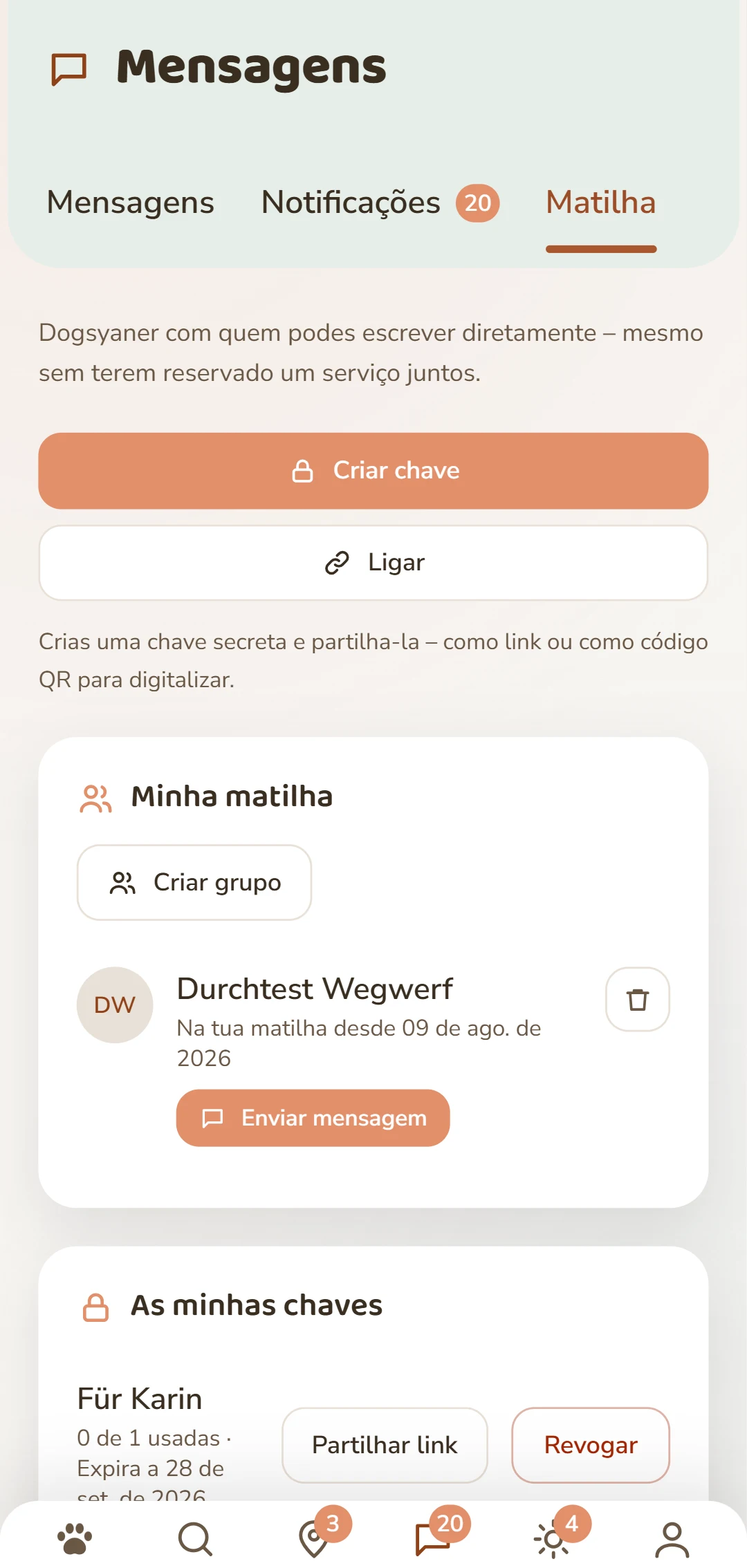 O separador Rudel: cria uma chave e gere as tuas ligações.
