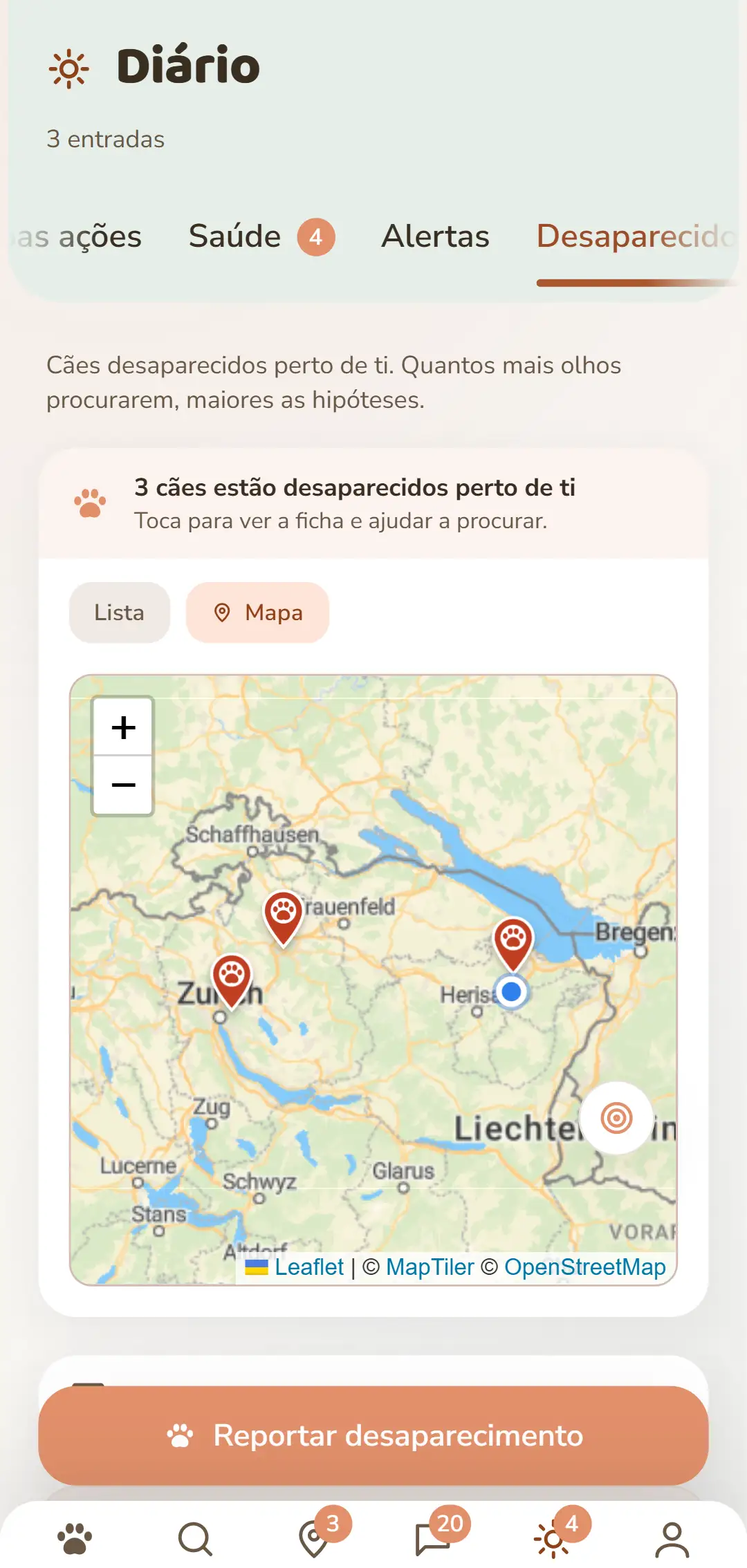 Casos em aberto nas proximidades – num mapa na app