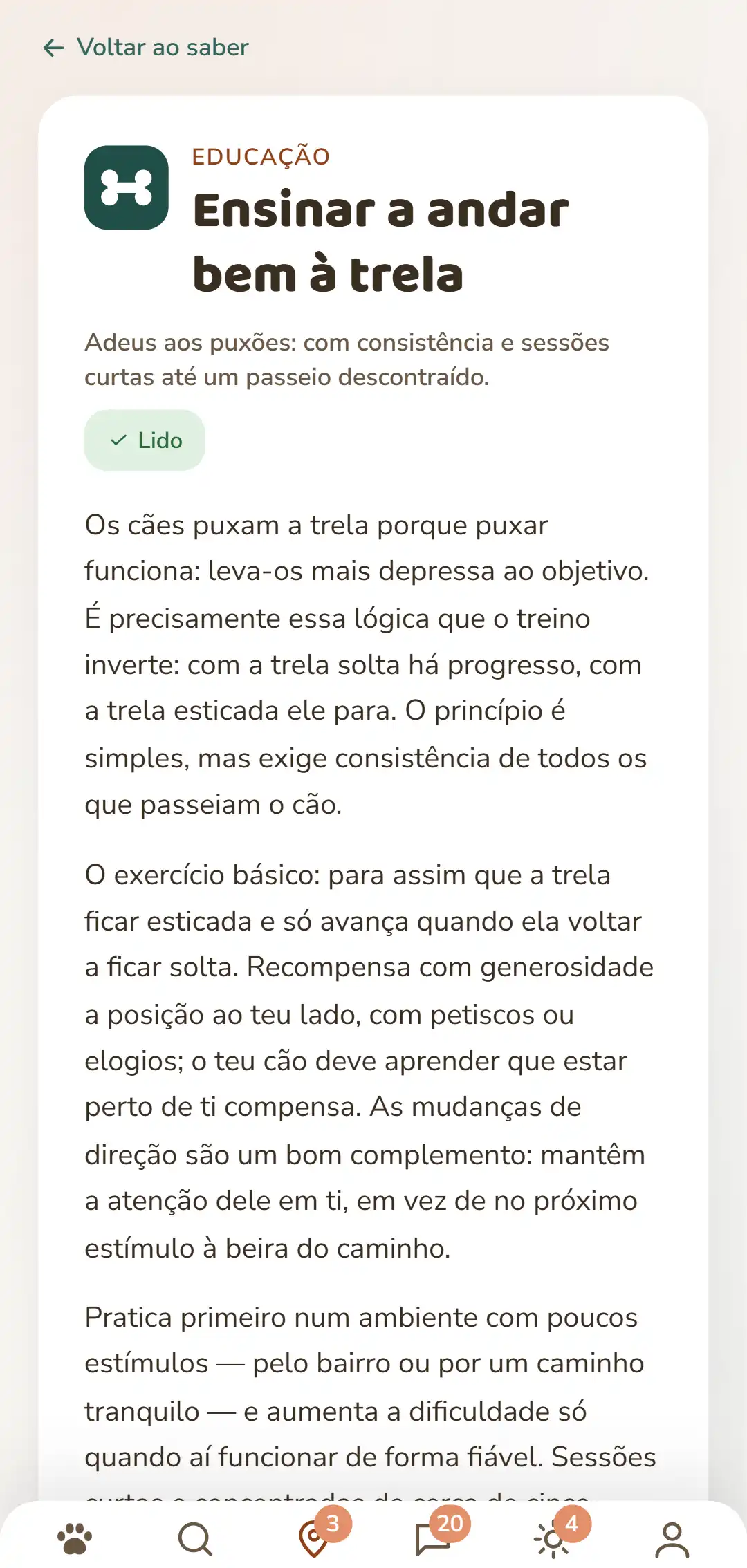 Captura de ecrã da app DOGSY: um artigo de conhecimento aberto. No topo, o caminho de volta à lista e, por baixo, os quatro separadores Guide, Events, Conhecimento e Emergência animal. Seguem-se o símbolo colorido da rubrica, a rubrica em maiúsculas, o título, um breve resumo e vários parágrafos de texto corrido. Bem em baixo, a barra de navegação da app. A imagem aparece no idioma desta página.