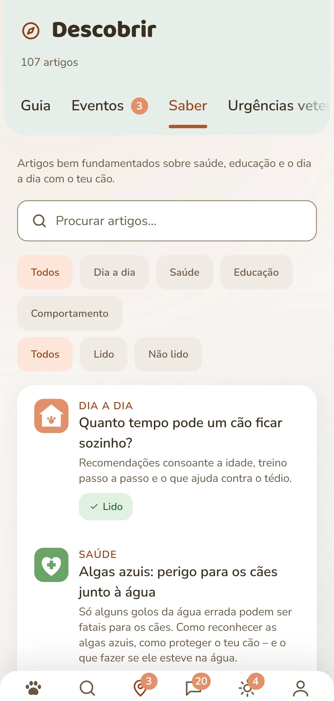 Captura de ecrã da app DOGSY no separador «Descobrir»: no topo, o número de artigos e, por baixo, os quatro separadores Guide, Events, Conhecimento e Emergência animal. Seguem-se um campo de pesquisa e filtros redondos para as rubricas – Todas, Dia a dia, Saúde, Comportamento, Educação. Por baixo, os artigos como cartões: à esquerda, um símbolo colorido da rubrica, ao lado a rubrica em maiúsculas, o título e um breve resumo. Bem em baixo, a barra de navegação da app. A imagem aparece no idioma desta página.