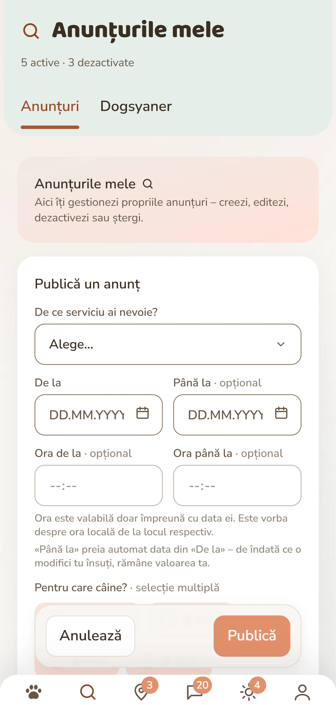 Formularul «Publică o cerere»: serviciu, perioadă, câine și remunerație