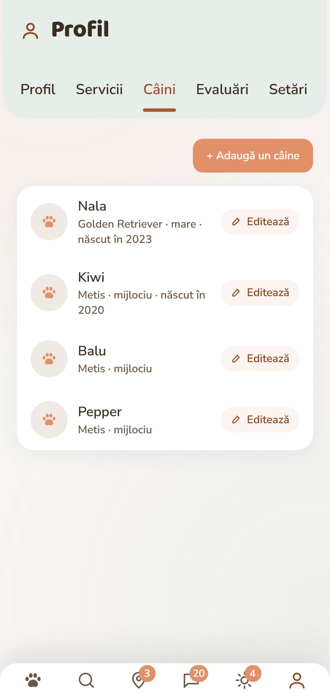 Secțiunea câinilor, cu un profil propriu pentru fiecare câine