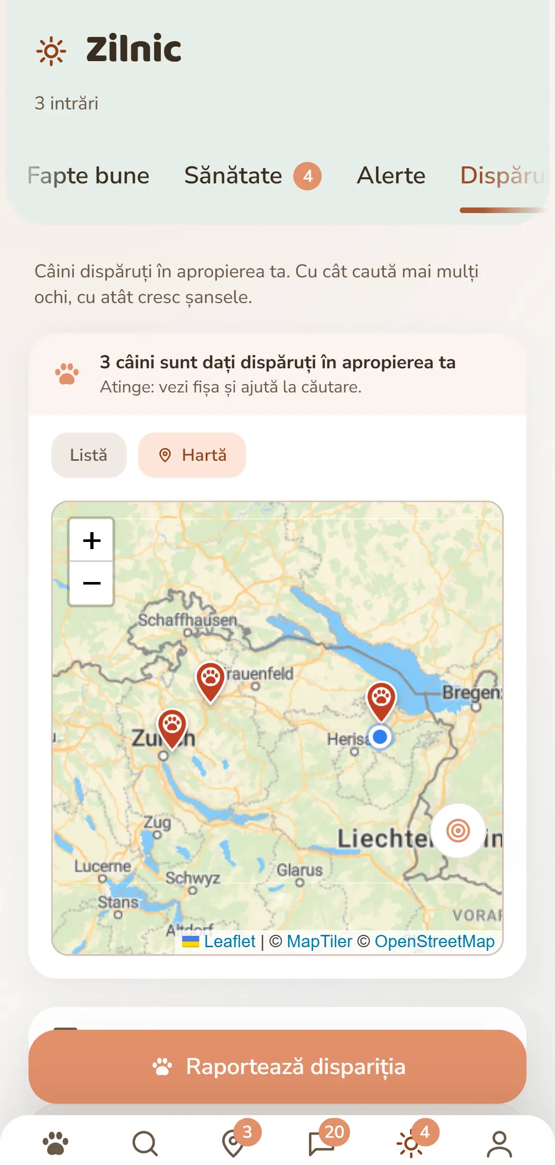 Cazuri deschise din apropiere – ca hartă în aplicație