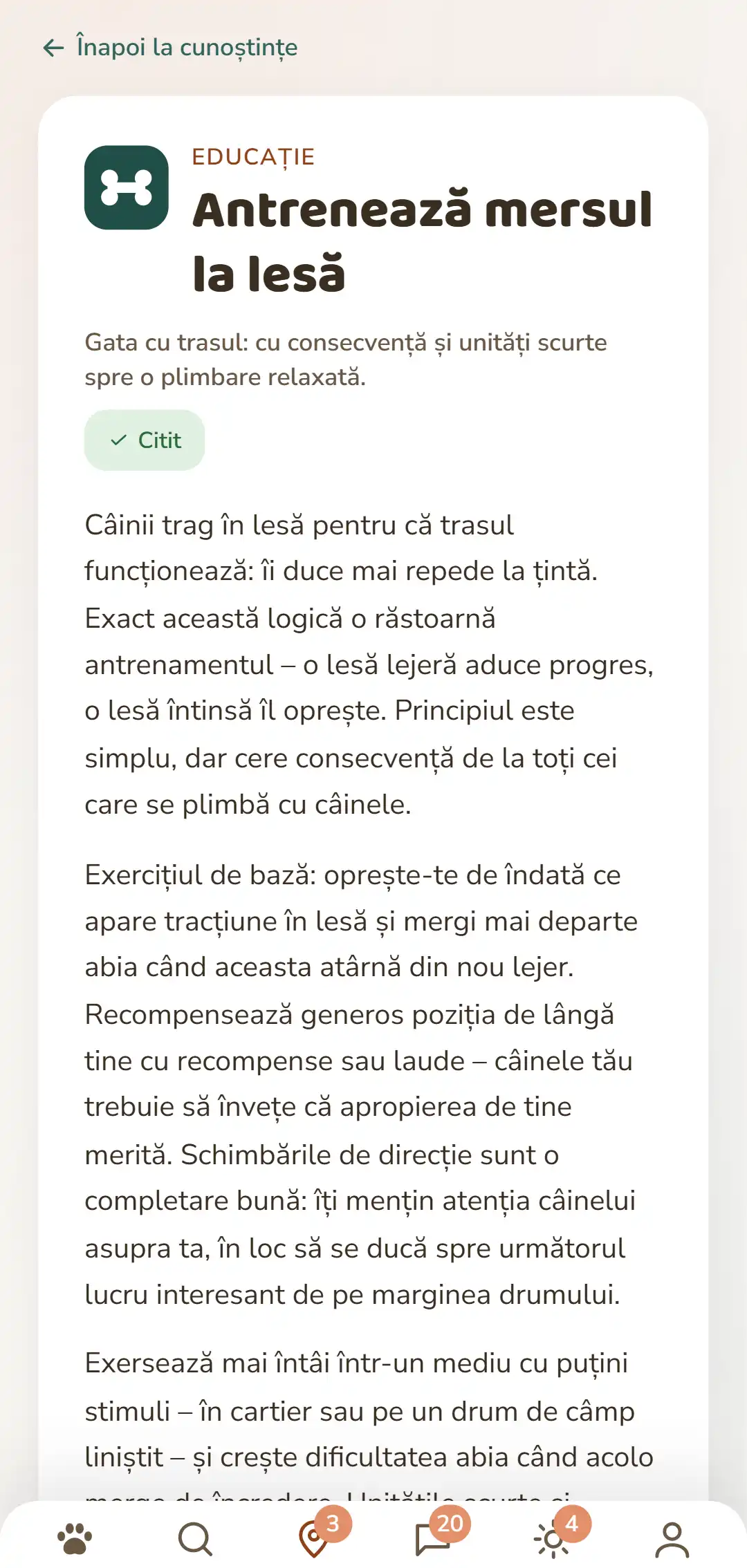 Captură de ecran din aplicația DOGSY: un articol de Cunoștințe, deschis. Sus de tot calea înapoi la listă, dedesubt cele patru file Guide, Events, Cunoștințe și Urgențe animale. Urmează simbolul colorat al rubricii, rubrica cu majuscule, titlul, o scurtă introducere și mai multe paragrafe de text. Jos de tot bara de navigare a aplicației. Captura apare în limba acestei pagini.