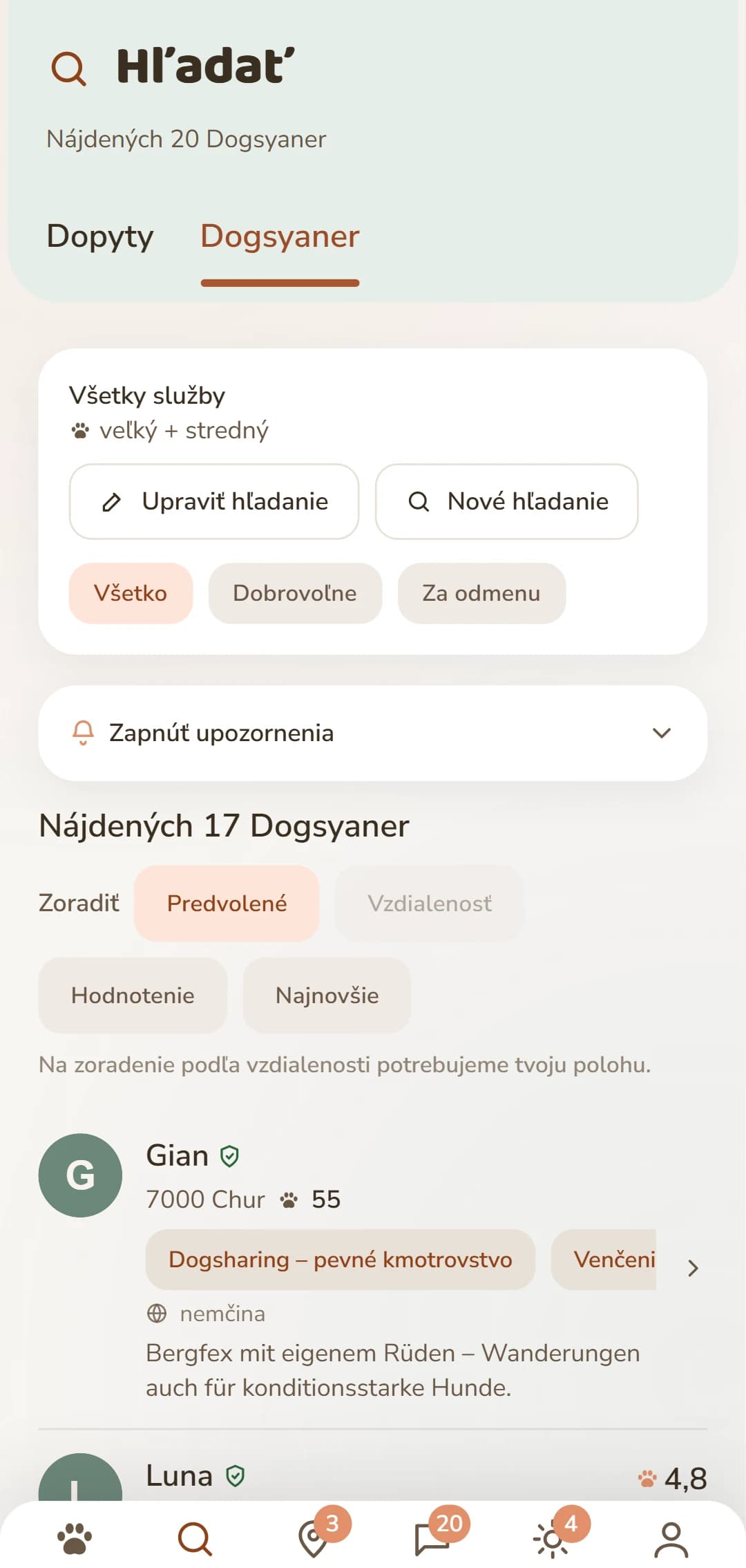 Zoznam výsledkov v aplikácii: Dogsyaneri v okolí s fotkou, vzdialenosťou a hodnotením