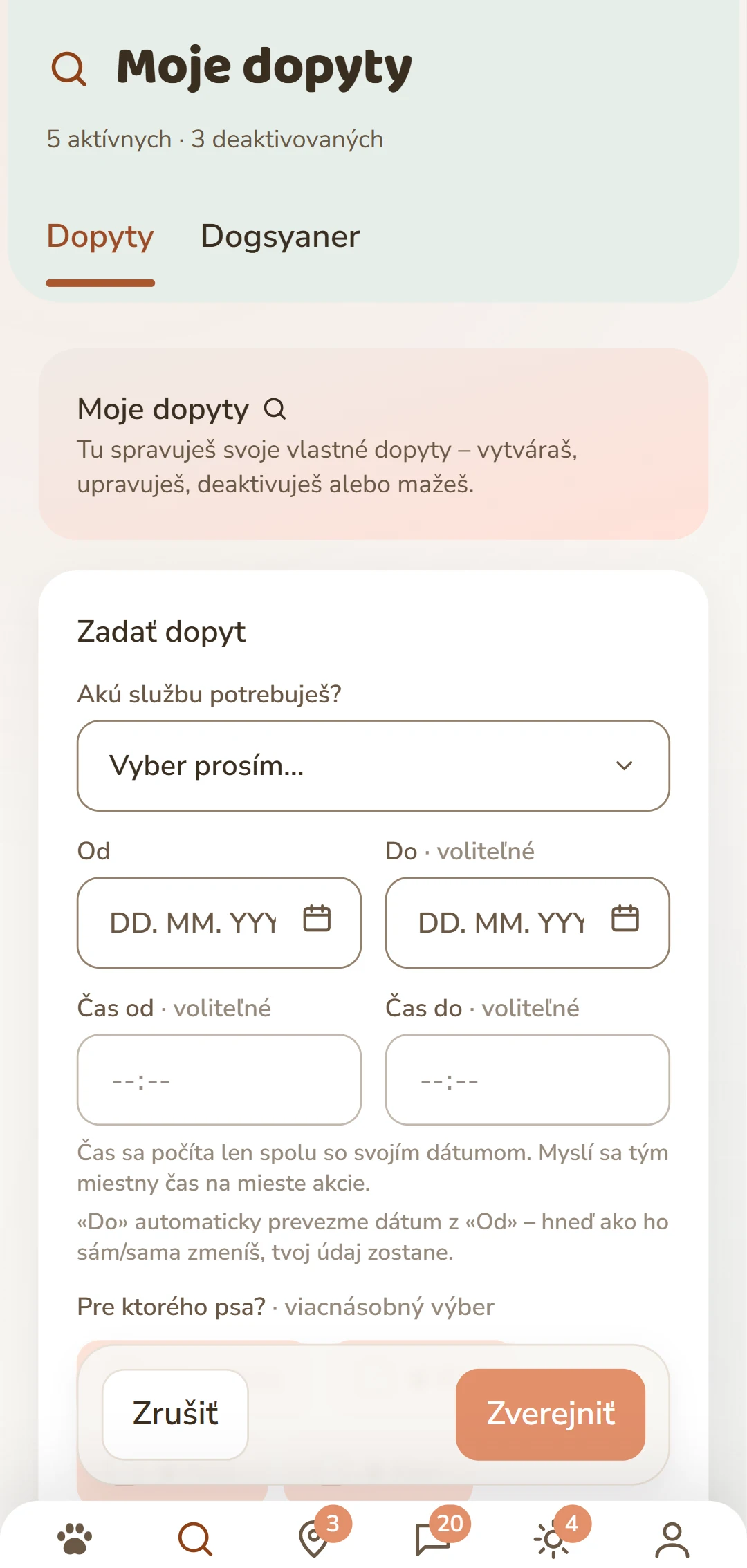 Formulár «Podať žiadosť»: služba, obdobie, pes a odmena
