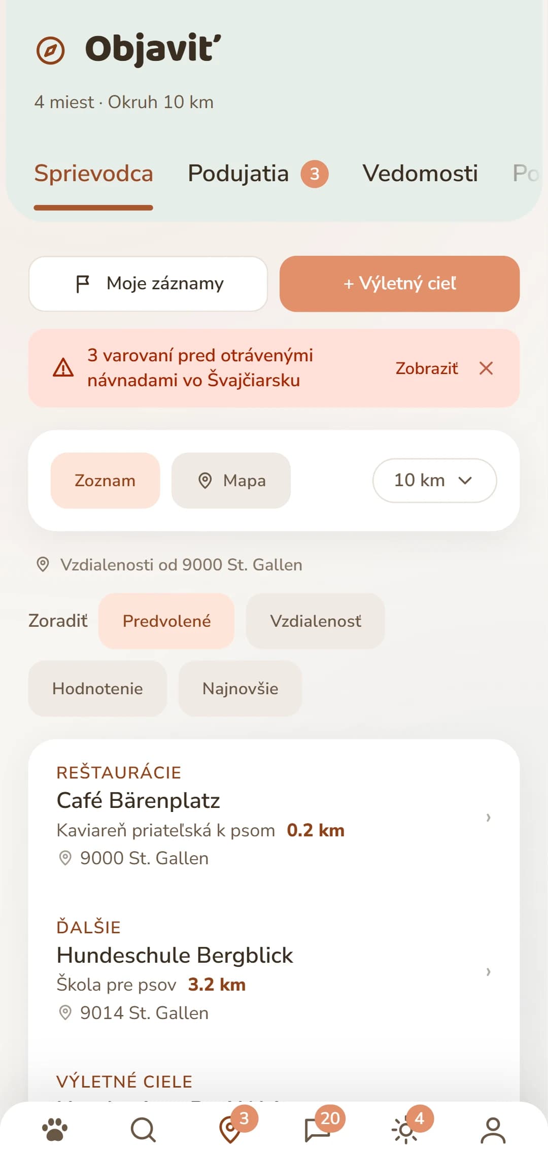 Zoznam výsledkov na karte Objavuj, s kategóriou a vzdialenosťou
