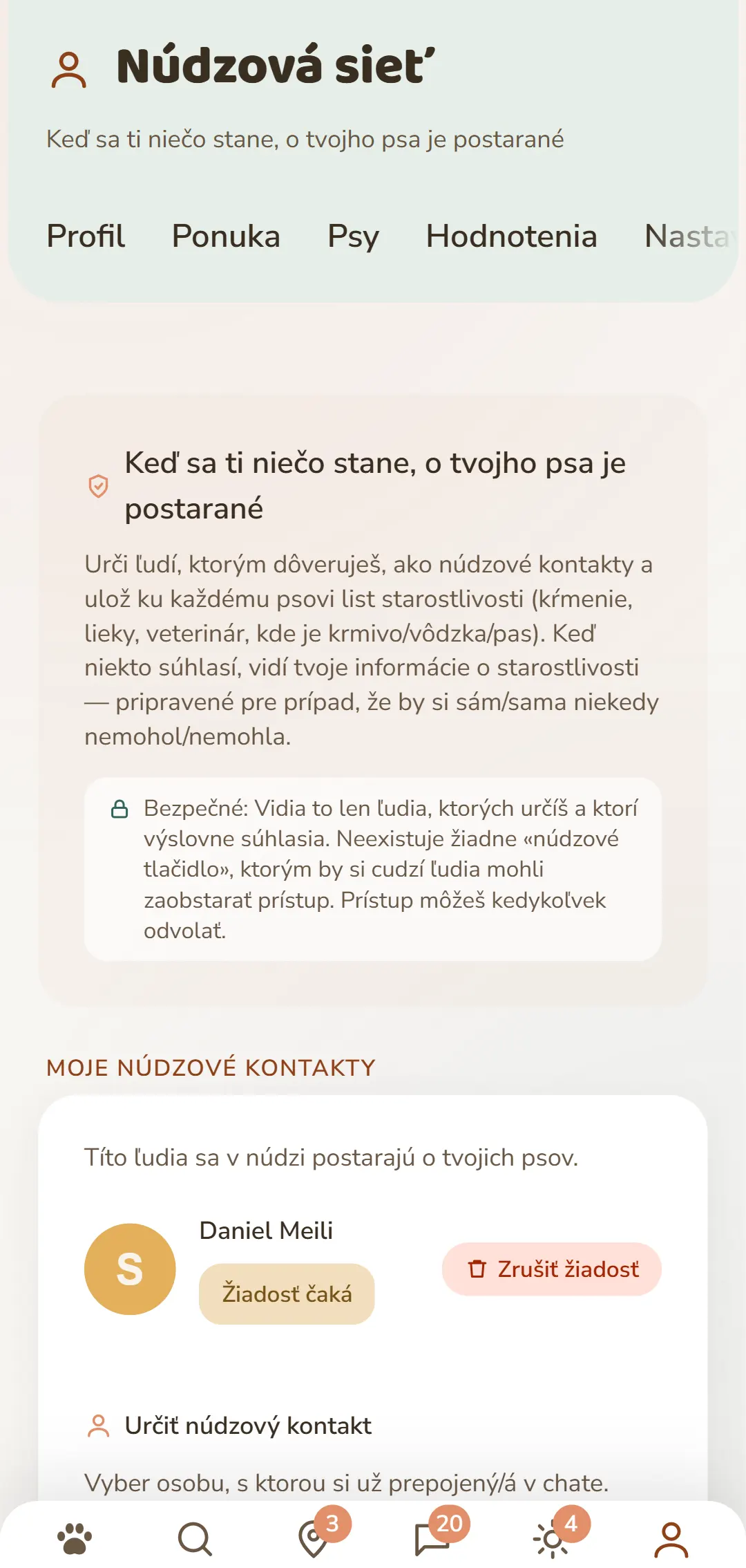 Prehľad tvojich núdzových kontaktov a otvorených žiadostí