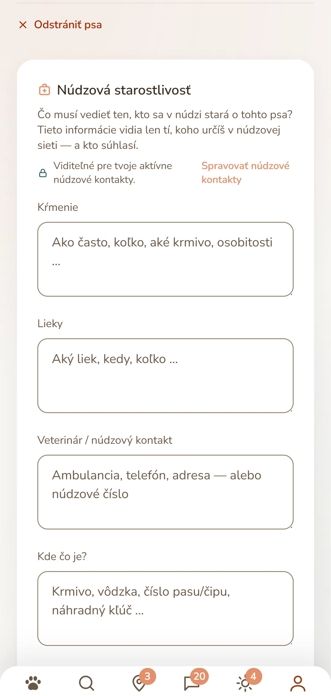 Informačný list psa: kŕmenie, lieky, veterinár