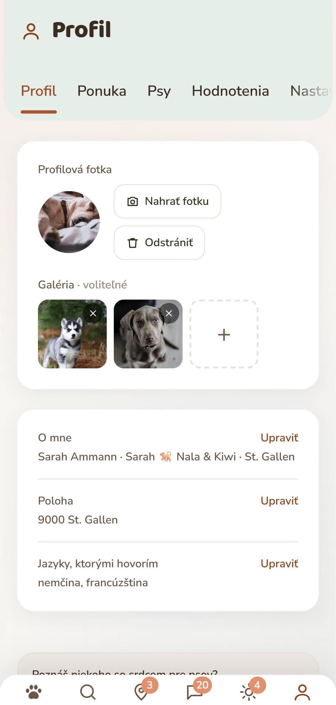 Vlastný profil s fotkou, popisom a záložkami pod ním