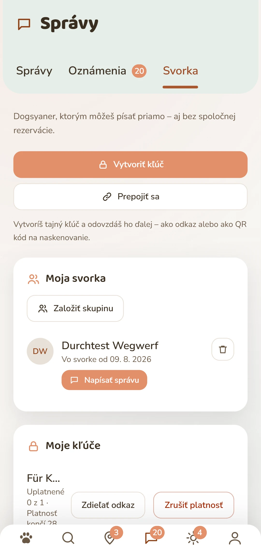 Záložka Rudel: vytvor kľúč a spravuj svoje spojenia.