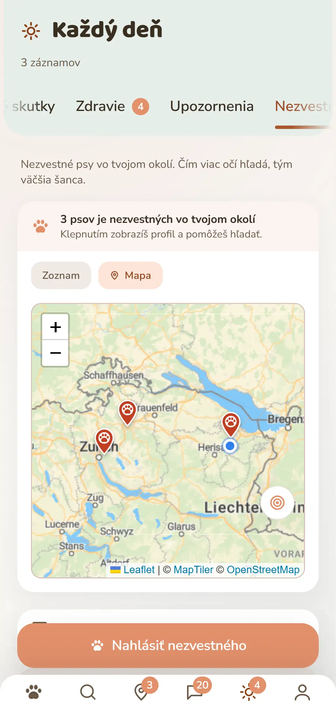 Otvorené prípady v okolí – ako mapa v aplikácii
