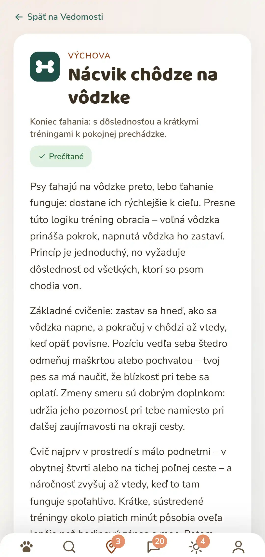Snímka obrazovky aplikácie DOGSY: otvorený vedomostný príspevok. Celkom hore cesta späť na zoznam, pod ňou štyri záložky Guide, Events, Vedomosti a Zvieracia pohotovosť. Nasledujú farebný symbol rubriky, rubrika veľkými písmenami, názov, krátky úvod a niekoľko odsekov textu. Celkom dole navigačná lišta aplikácie. Snímka sa zobrazuje v jazyku tejto stránky.