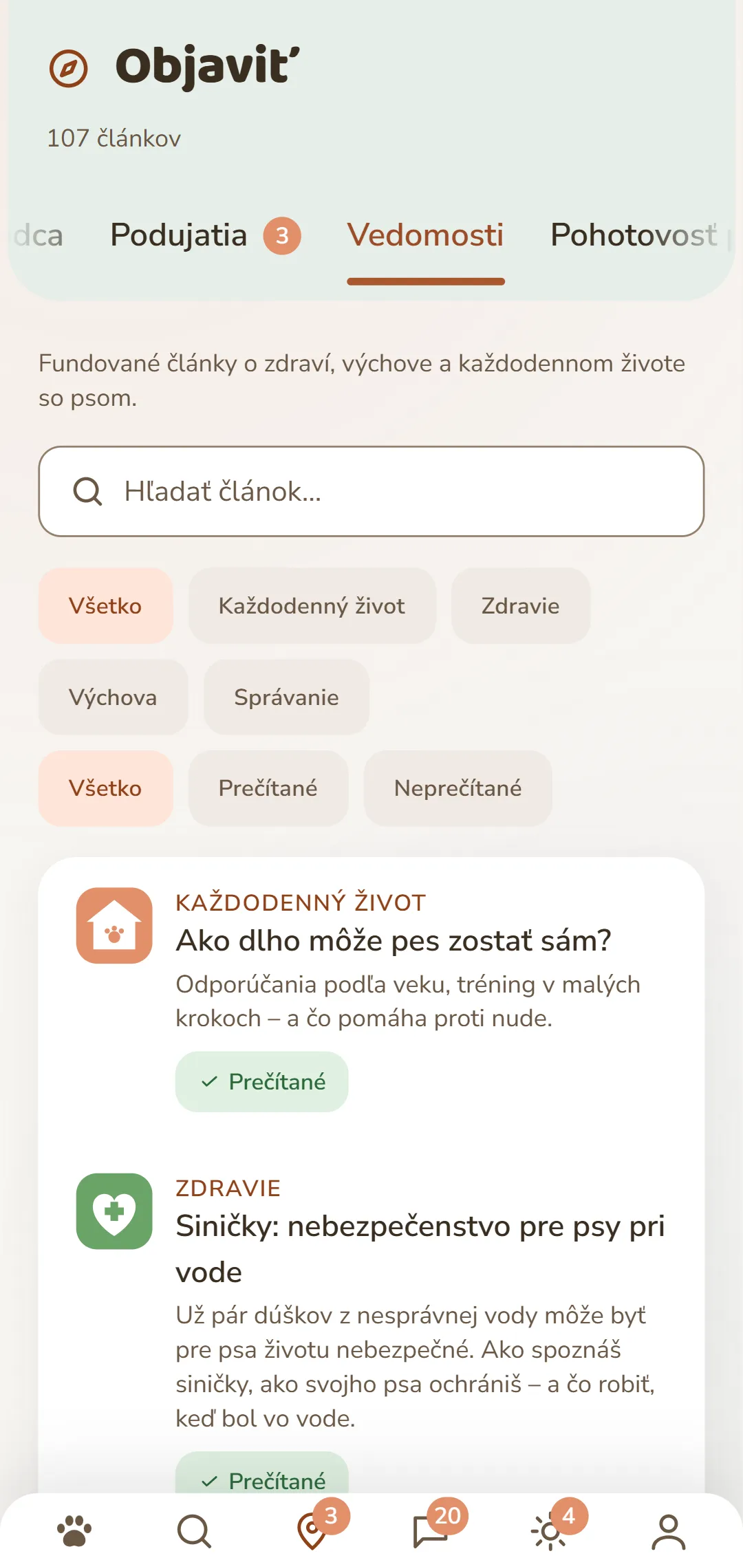 Snímka obrazovky aplikácie DOGSY v záložke «Objavovať»: celkom hore počet príspevkov, pod ním štyri záložky Guide, Events, Vedomosti a Zvieracia pohotovosť. Nasledujú vyhľadávacie pole a okrúhle filtre rubrík – Všetko, Každodennosť, Zdravie, Správanie, Výchova. Pod tým príspevky ako karty: vľavo farebný symbol rubriky, vedľa neho rubrika veľkými písmenami, názov a krátky úvod. Celkom dole navigačná lišta aplikácie. Snímka sa zobrazuje v jazyku tejto stránky.