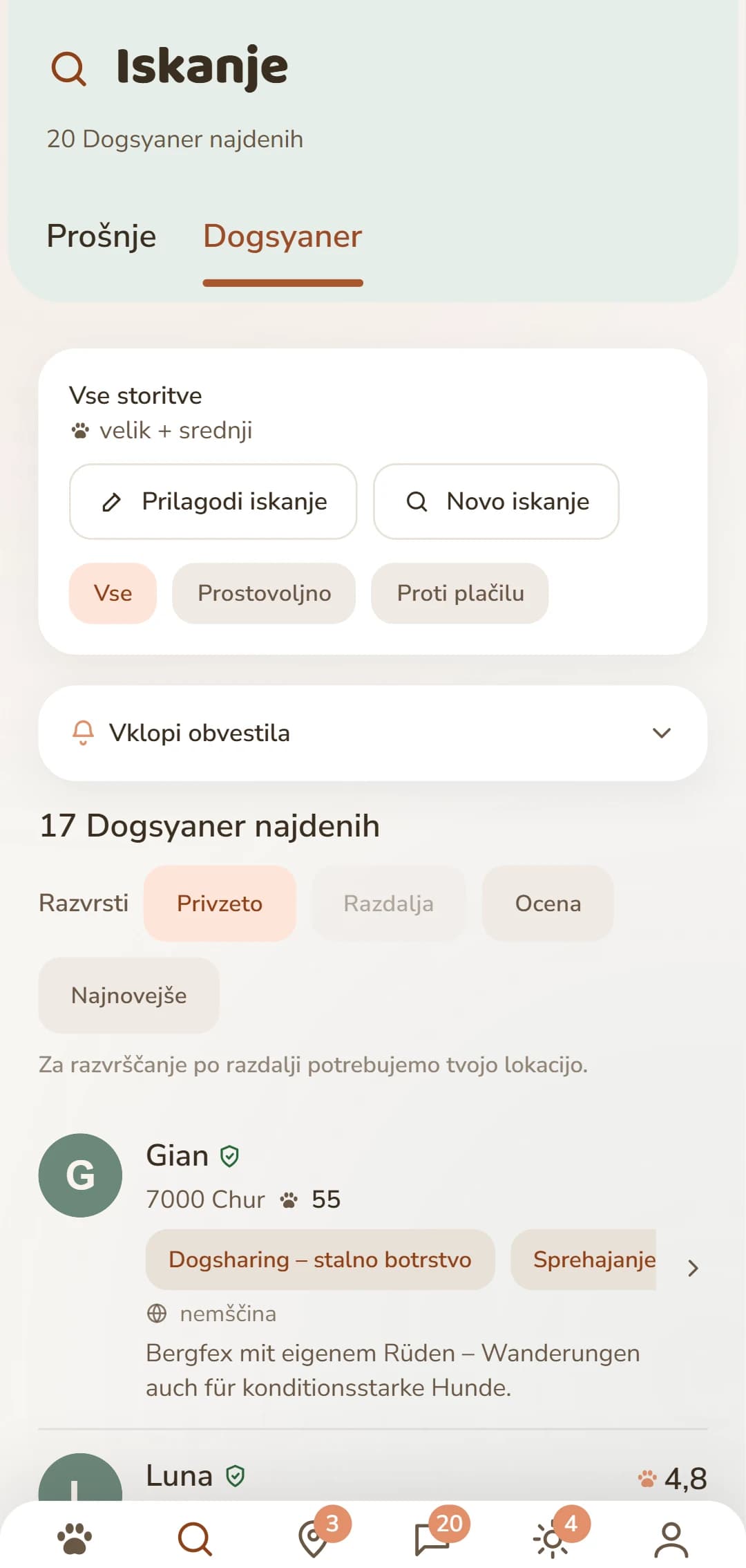 Seznam zadetkov v aplikaciji: Dogsyanerji v bližini s fotografijo, razdaljo in oceno
