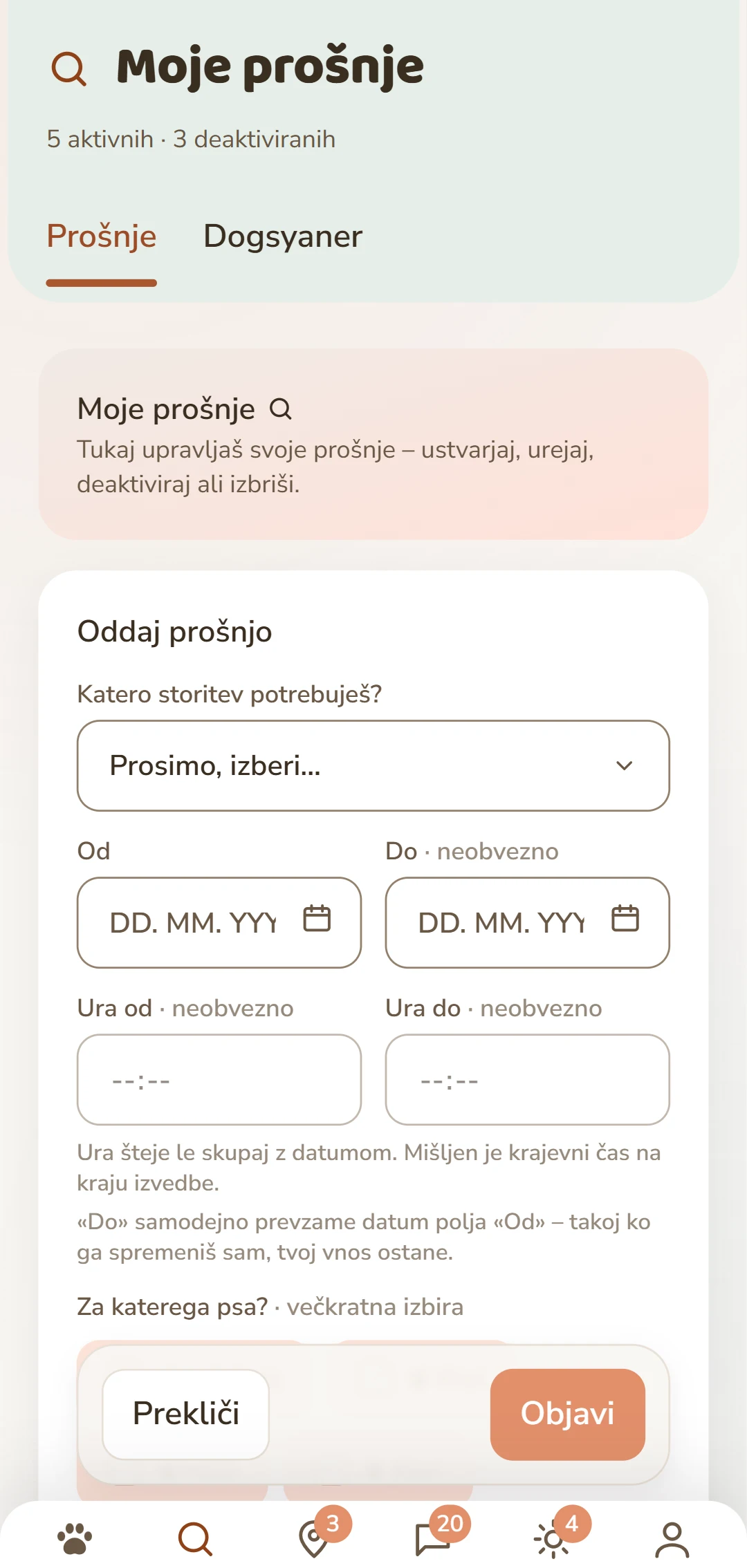 Maska »Objavi povpraševanje«: storitev, obdobje, pes in plačilo