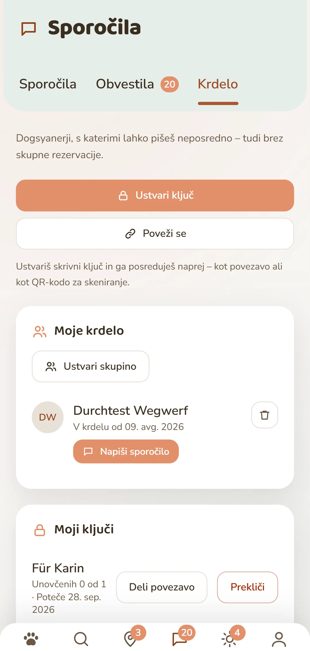 Zavihek Rudel: ustvari ključ in upravljaj svoje povezave.