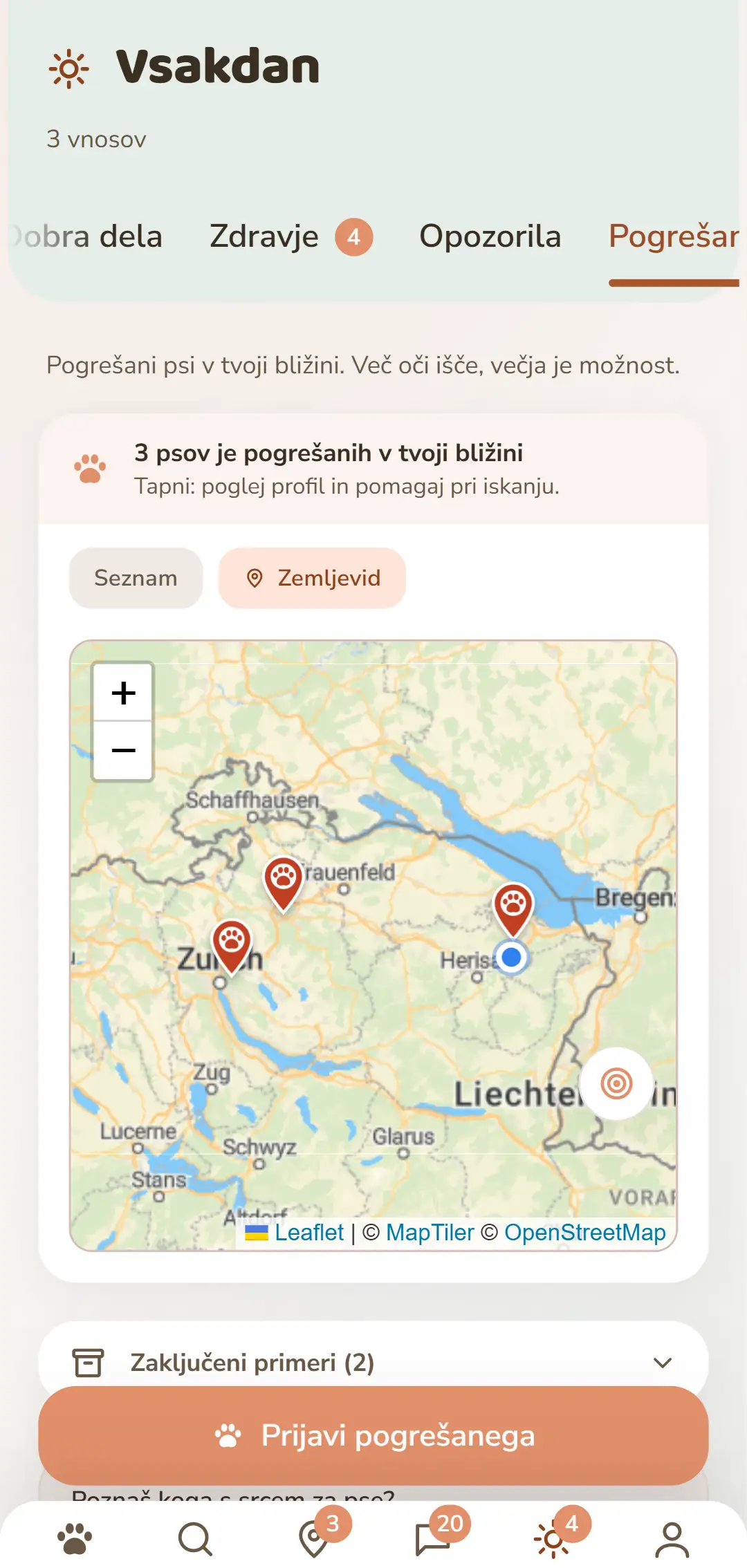 Odprti primeri v bližini – kot zemljevid v aplikaciji