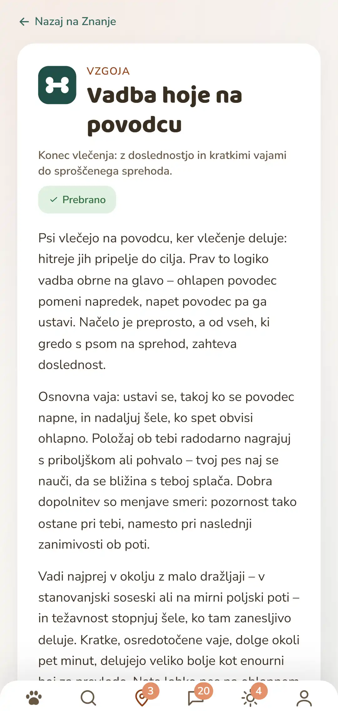 Posnetek zaslona aplikacije DOGSY: odprt prispevek iz Znanja. Čisto zgoraj je pot nazaj na seznam, pod njo štirje zavihki Vodnik, Dogodki, Znanje in Nujna pomoč za živali. Sledijo barvni simbol rubrike, rubrika z velikimi črkami, naslov, kratek uvod in več odstavkov besedila. Čisto spodaj je navigacijska vrstica aplikacije. Posnetek je prikazan v jeziku te strani.