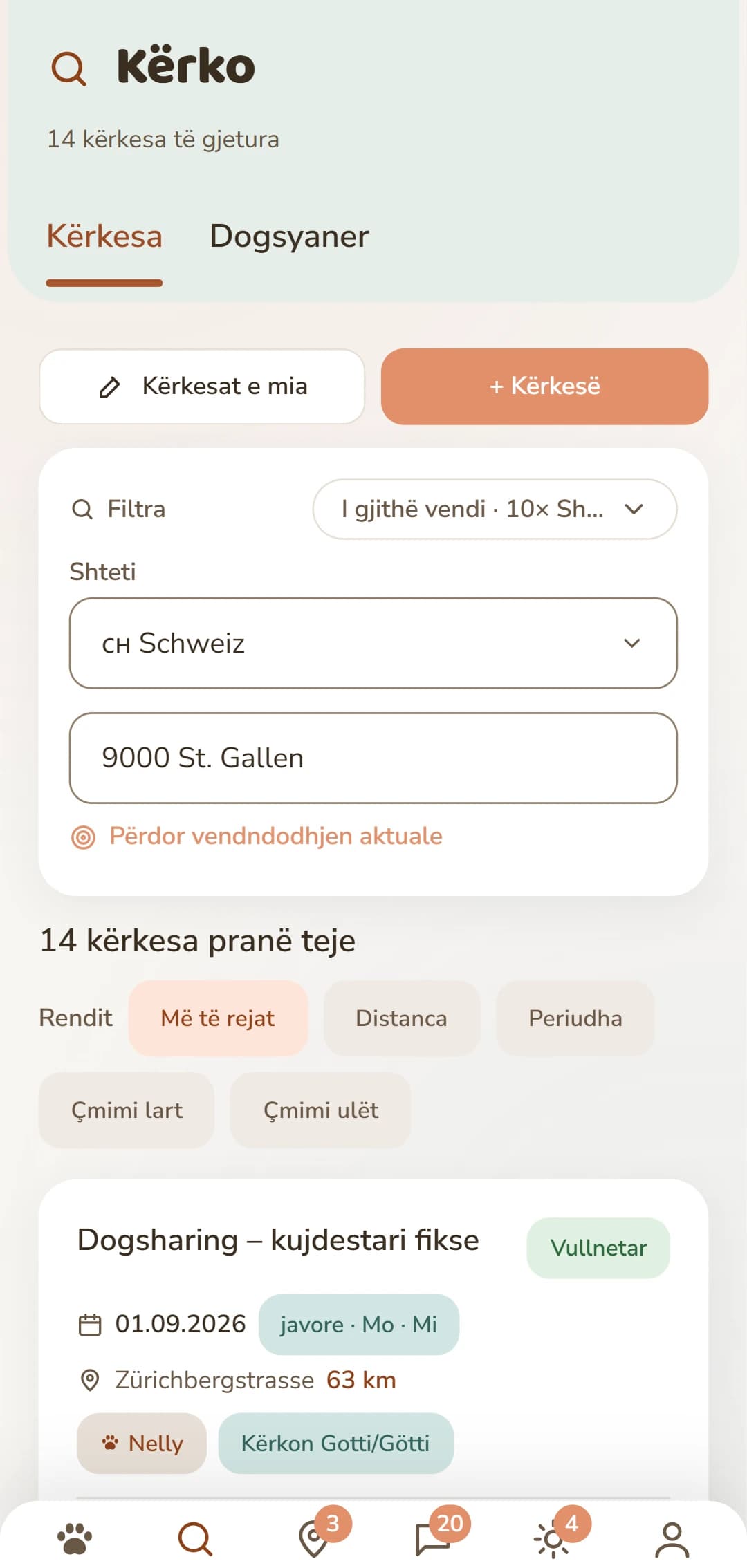 Njoftime Dogsharing me drejtim, ritëm dhe ditë të javës