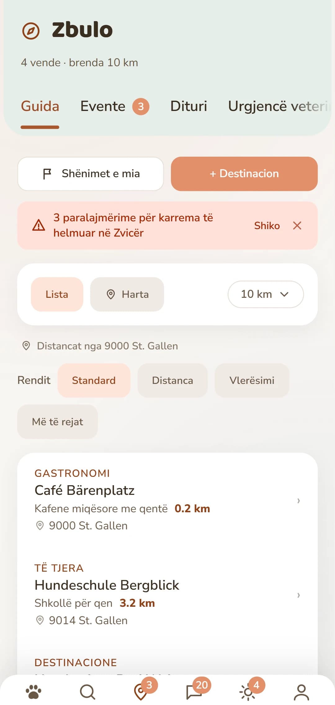 Lista e rezultateve në skedën Zbulo, me kategori dhe distancë