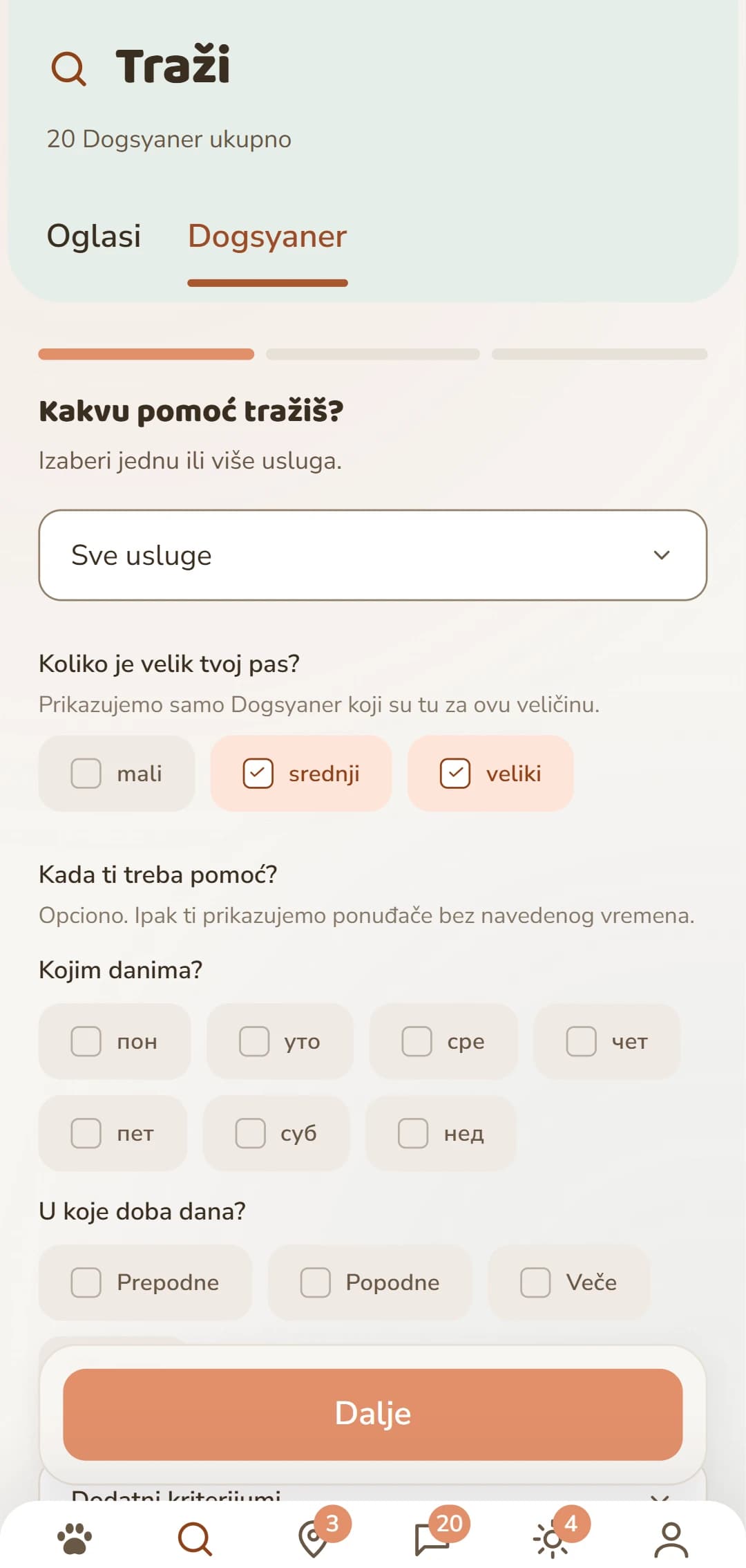 Precizno filtriranje: usluga, veličina psa i drugi kriterijumi