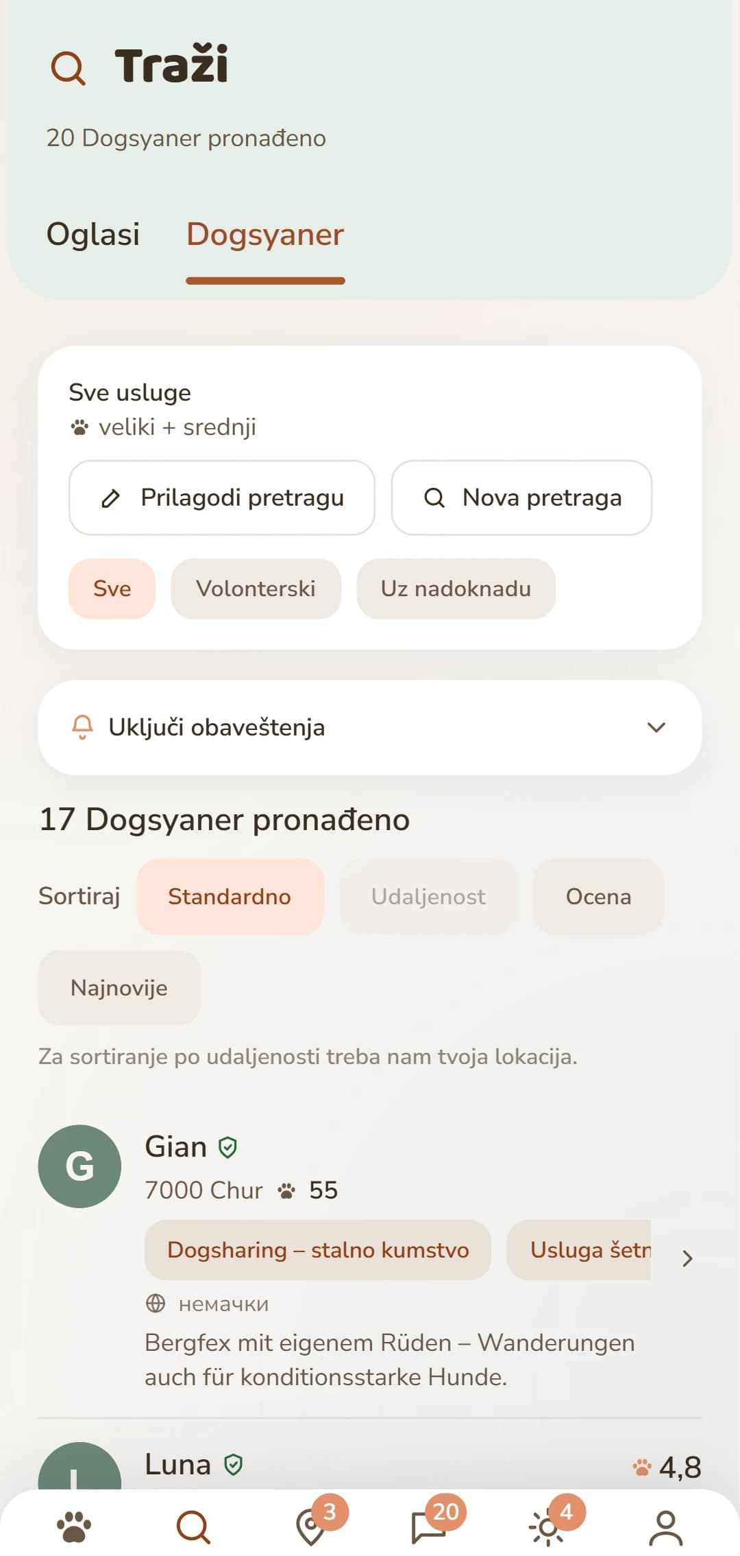 Lista rezultata u aplikaciji: Dogsyaneri u blizini sa fotografijom, udaljenošću i ocenom