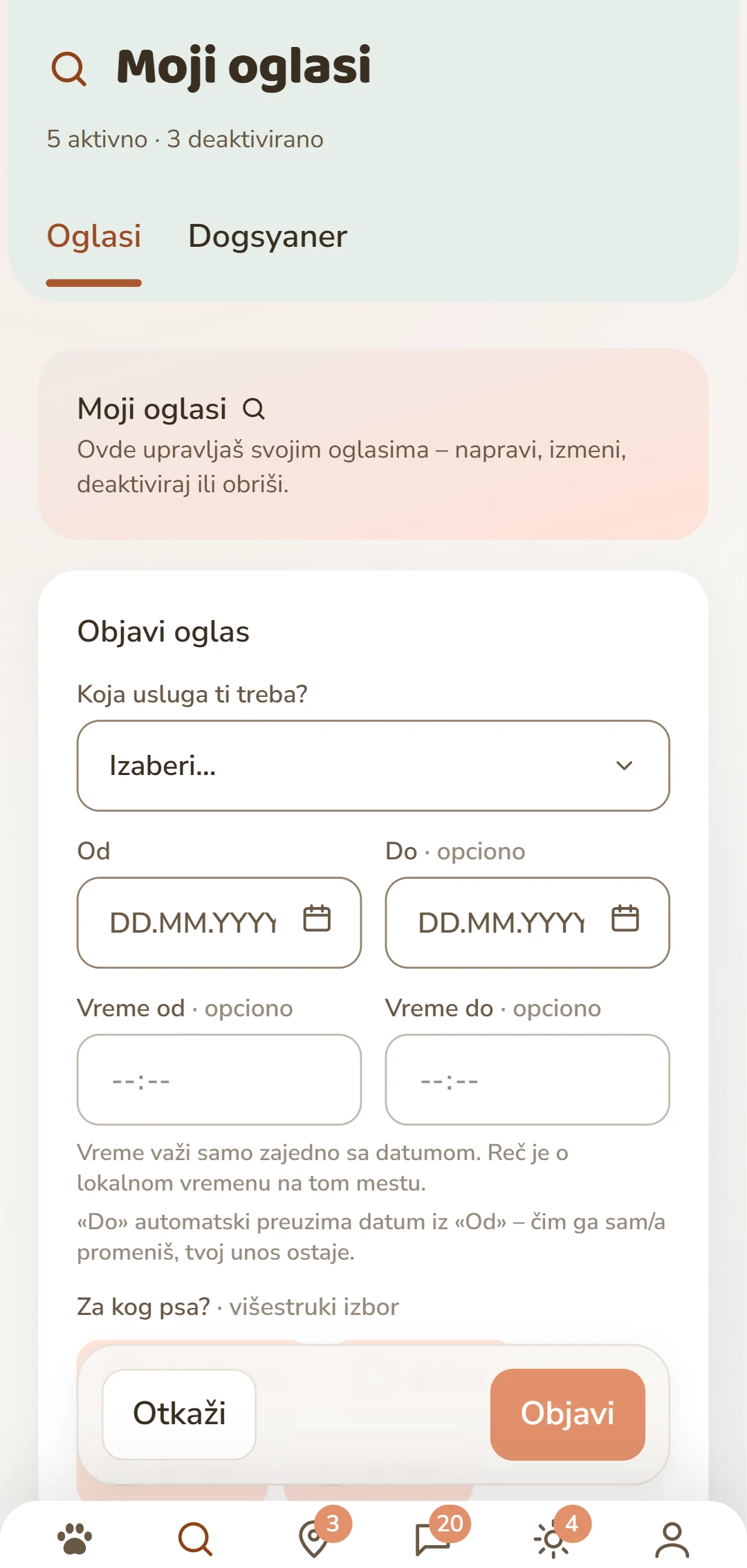 Obrazac «Objavi oglas»: usluga, period, pas i naknada