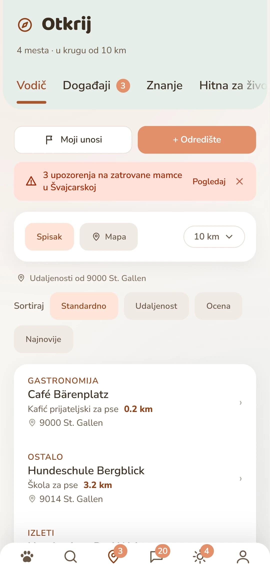 Lista rezultata na kartici Otkrij, sa kategorijom i udaljenošću